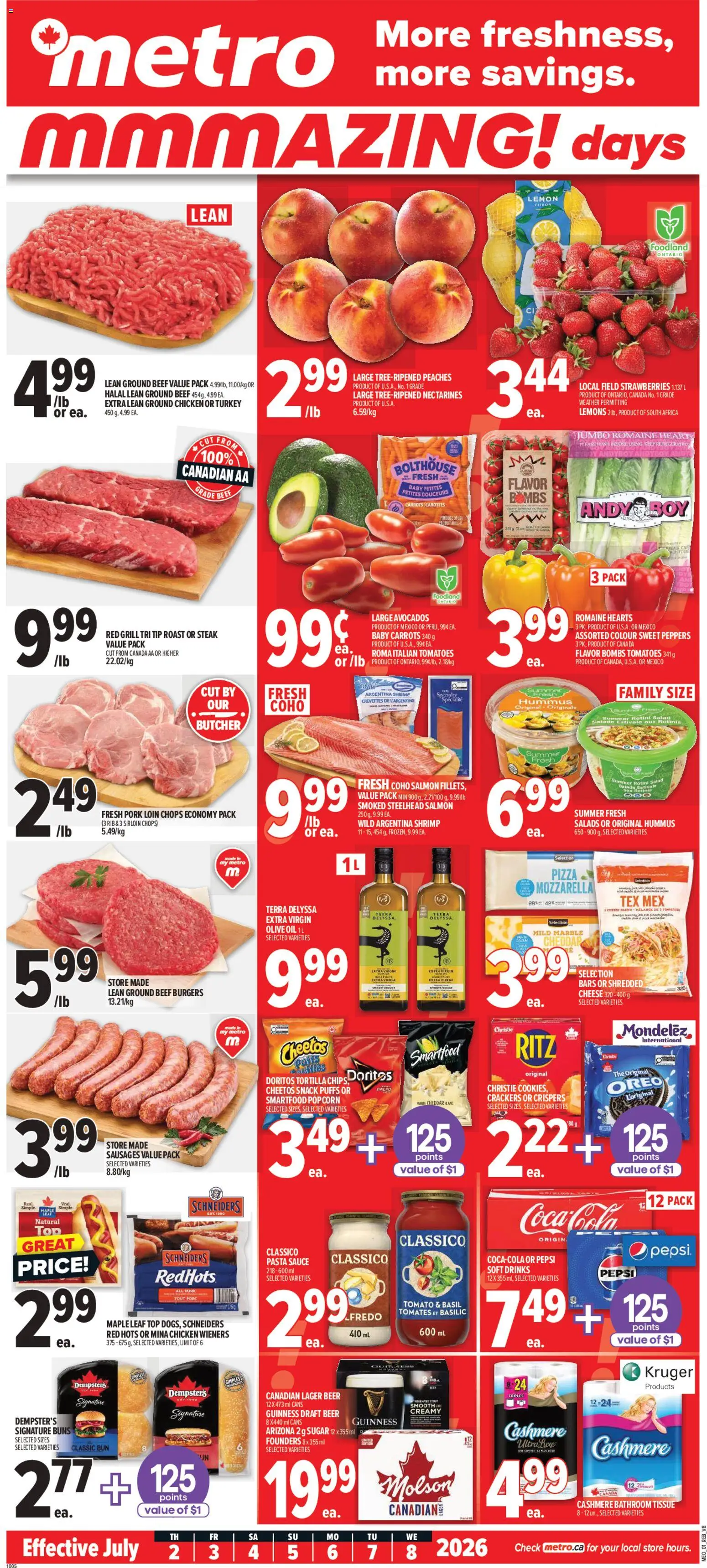 Preview of leaflet Metro weekly flyer - Québec from shop Metro is valid from Jul 02, 2026 - Pasta, Strawberries, Popcorn, Tomato, Pepsi, Grill, Oreo, Pork