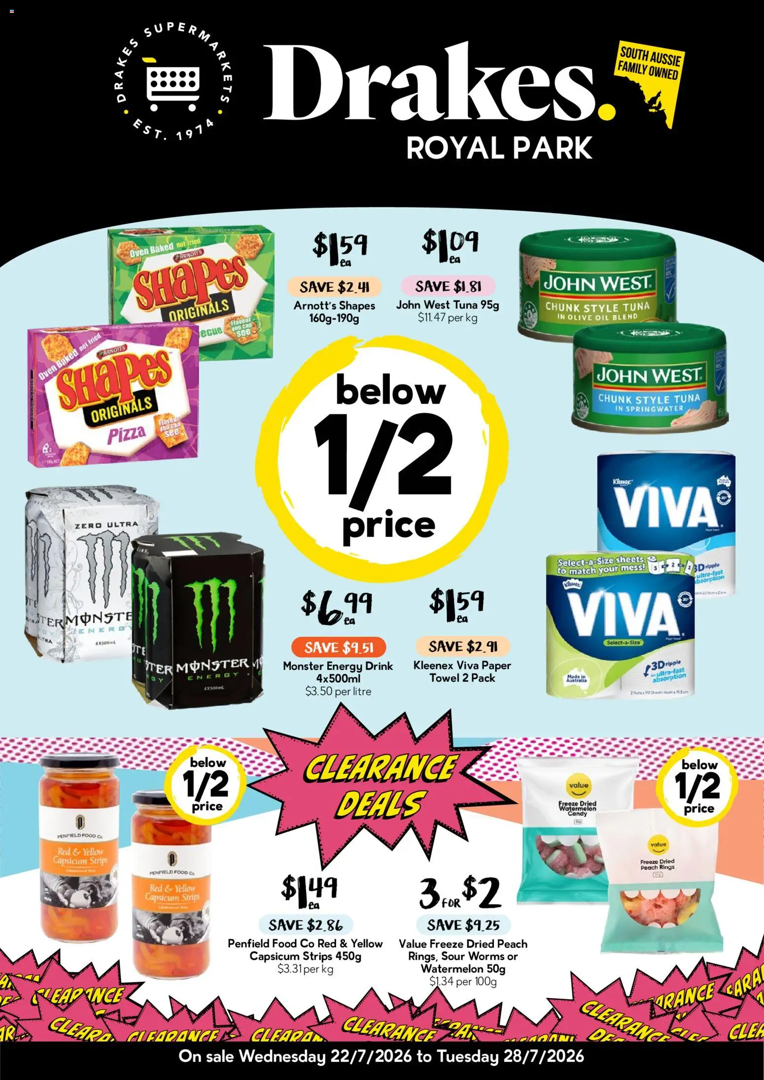 Preview of catalogue Drakes Royal Park from shop Drakes valid 22/07/2026 - Food, Capsicum, Energy drink, Oil, Pizza, Olive oil, Peach, Strips
