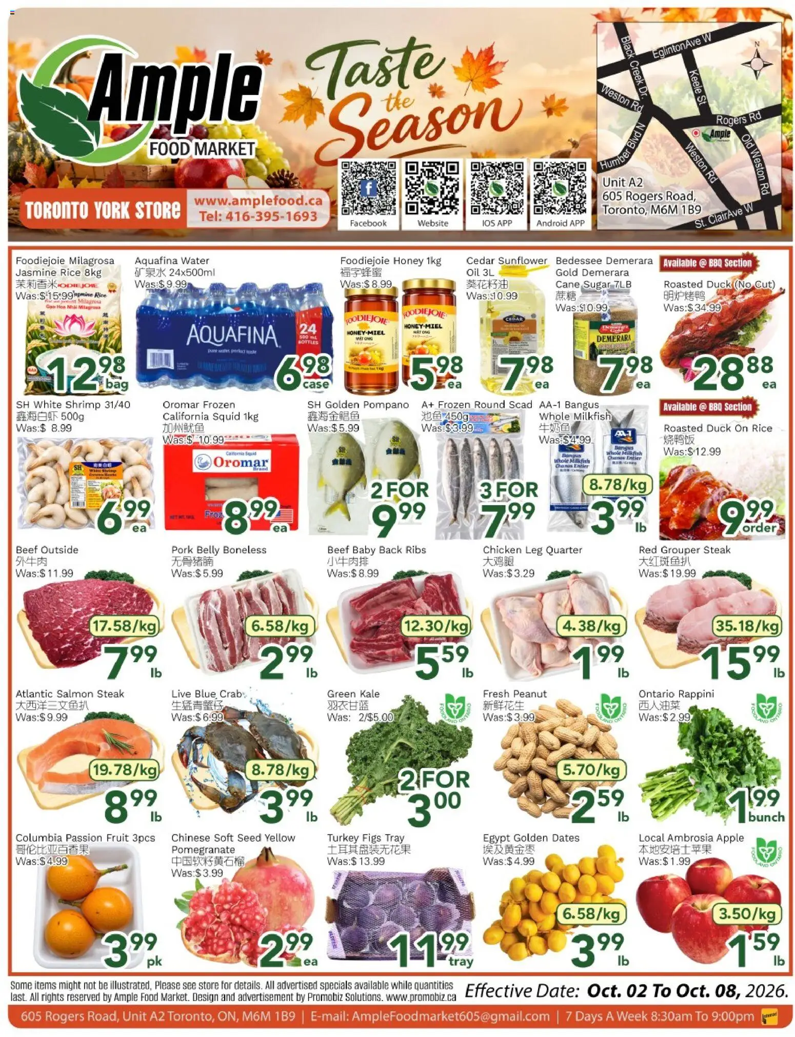 Preview of leaflet Ample Food Market weekly flyer Toronto York from shop Ample Food Market is valid from Oct 02, 2026 - Chicken, Turkey, Steak, Water, Duck, Rice, Pork, Case