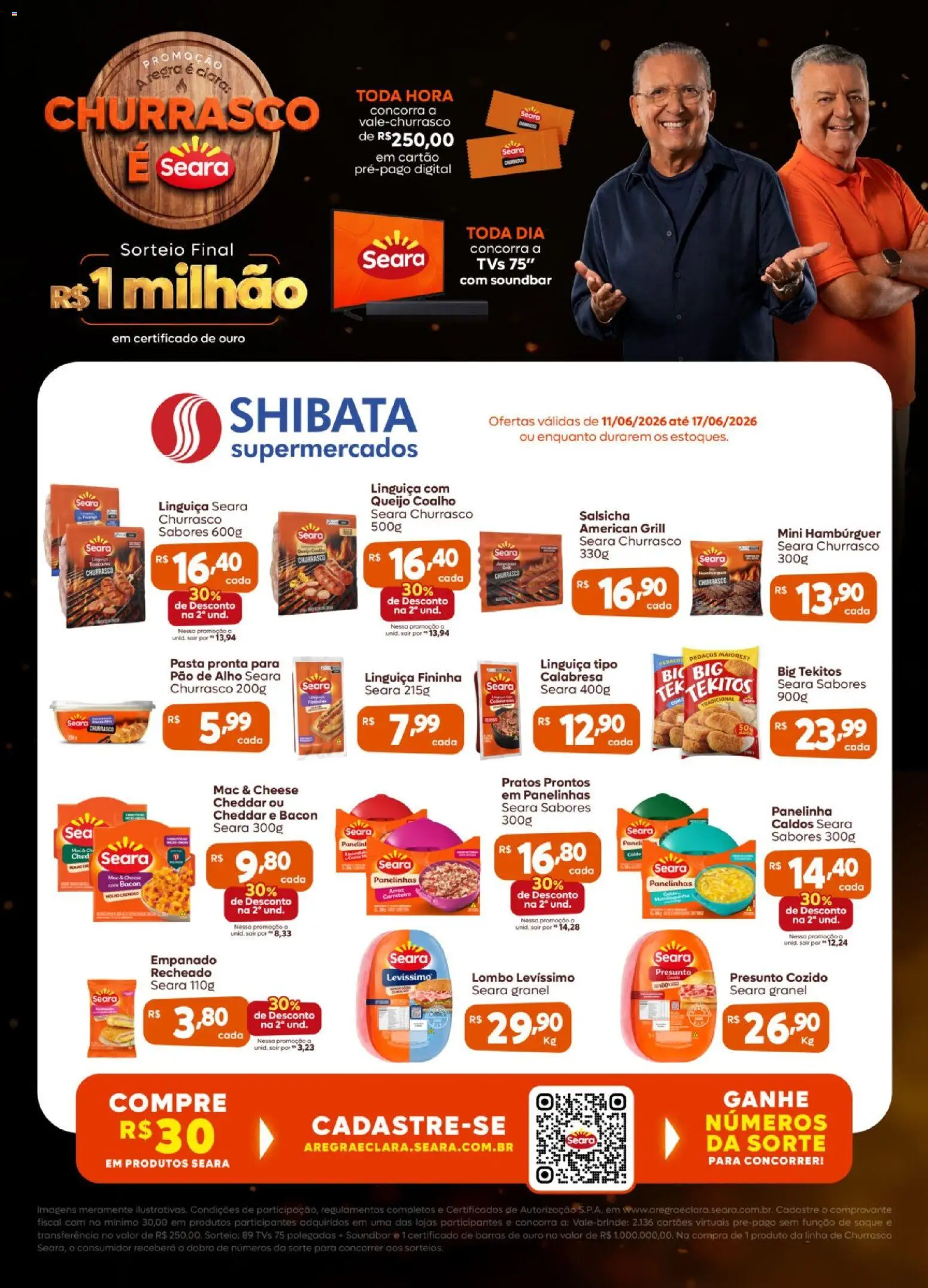 Pré-Visualização do folheto "Shibata ofertas Seara" da loja Shibata válido a partir de 11/06/2026 - Pão, Arroz, Soundbar, Cheddar, Bacon, Grill, Presunto, Lombo