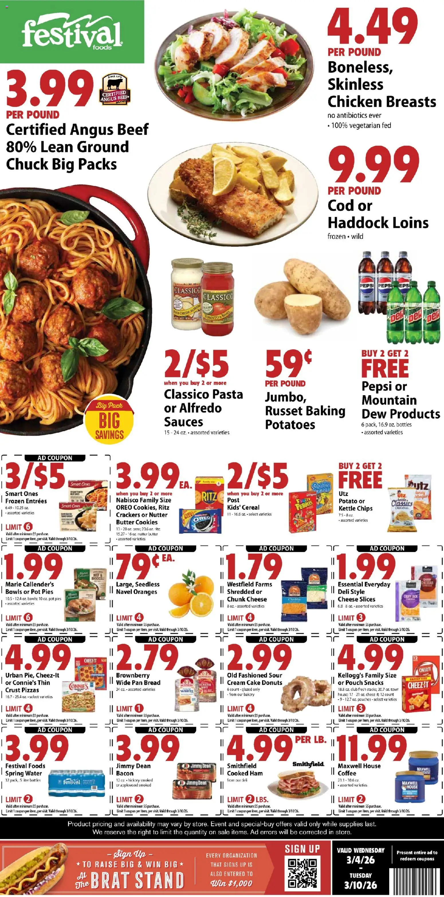 Ad Preview of Festival Foods Festival Foods Weekly Ad from 03/04/2026 - Water, Oranges, Chips, Broccoli, Tomato, Ham, Chicken breasts, Kettle