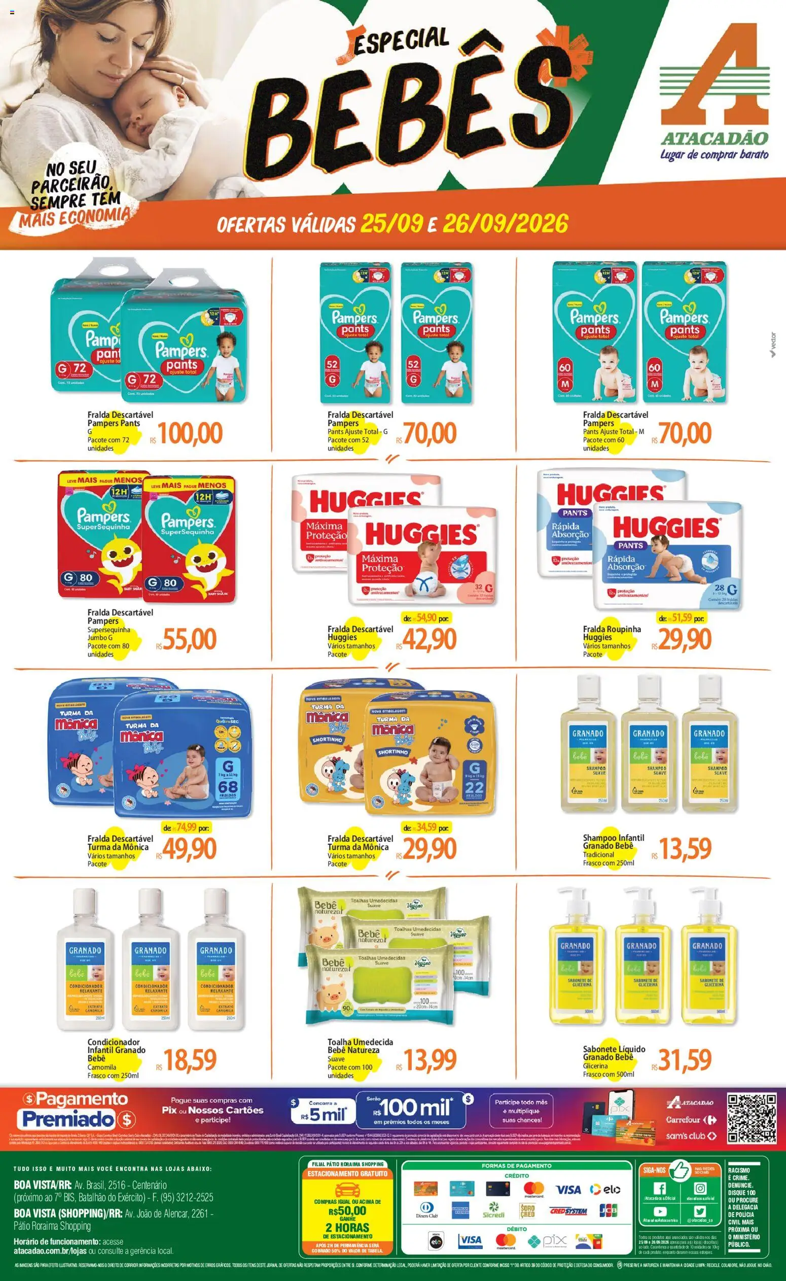 Pré-Visualização do folheto "Atacadão ofertas - RR" da loja Atacadão válido a partir de 25/09/2026 - Shampoo, Fraldas, Sabonete, Sabonete líquido, Pampers, Condicionador, Shampoo infantil, Fralda descartável huggies