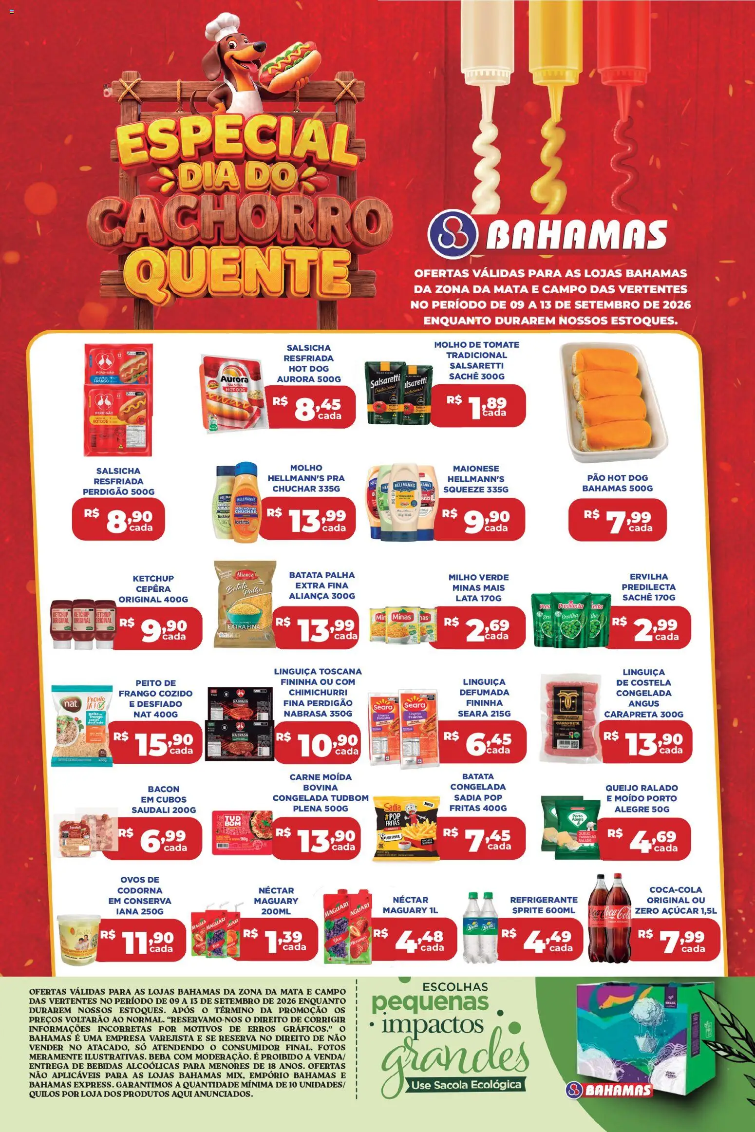 Pré-Visualização do folheto "Bahamas Supermercados ofertas Dia do Cachorro Quente" da loja Bahamas Supermercados válido a partir de 09/09/2026 - Aliança, Tomate, Açúcar, Maionese, Milho, Cola, Carne moída, Ovos de codorna