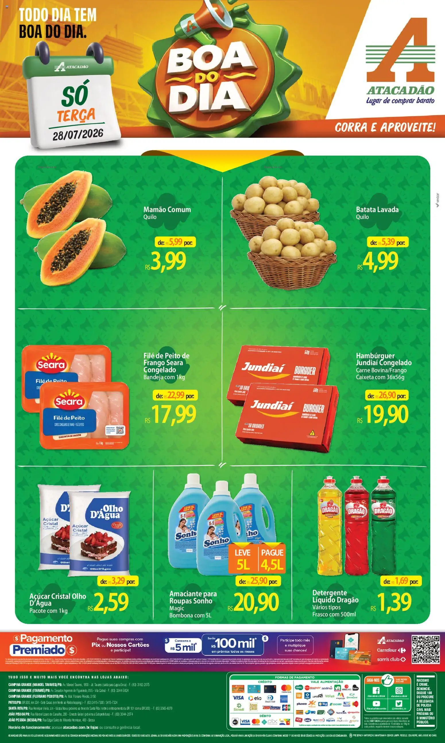 Pré-Visualização do folheto "Atacadão ofertas - PB" da loja Atacadão válido a partir de 28/07/2026 - Hambúrguer, Sonho, Carne, Batata, Açúcar, Detergente, Peito de frango, Bandeja