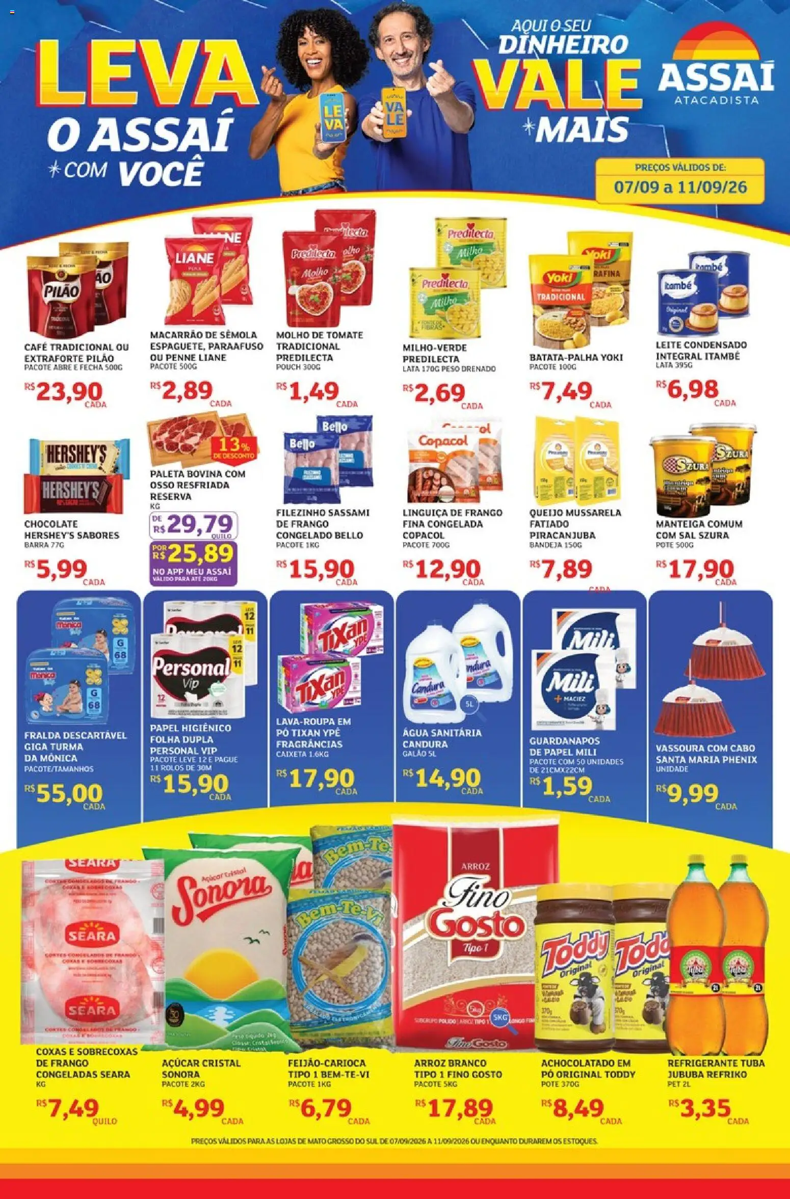 Pré-Visualização do folheto "Assaí Atacadista ofertas - MS" da loja Assaí Atacadista válido a partir de 07/09/2026 - Chocolate, Frango, Mussarela, Manteiga, Molho de tomate, Achocolatado, Açúcar cristal, Macarrão de sêmola