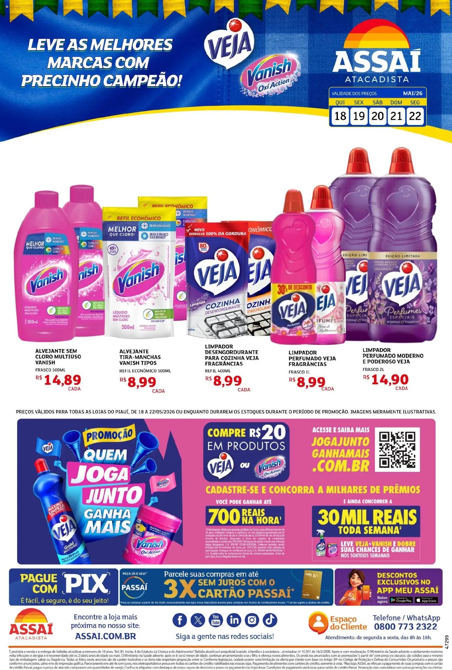 Pré-Visualização do folheto "Assaí Atacadista ofertas - PI" da loja Assaí Atacadista válido a partir de 18/05/2026 - Telefone, Saquê, Roupas, Pneus, Vanish, Alimentos, Desengordurante, Tira manchas