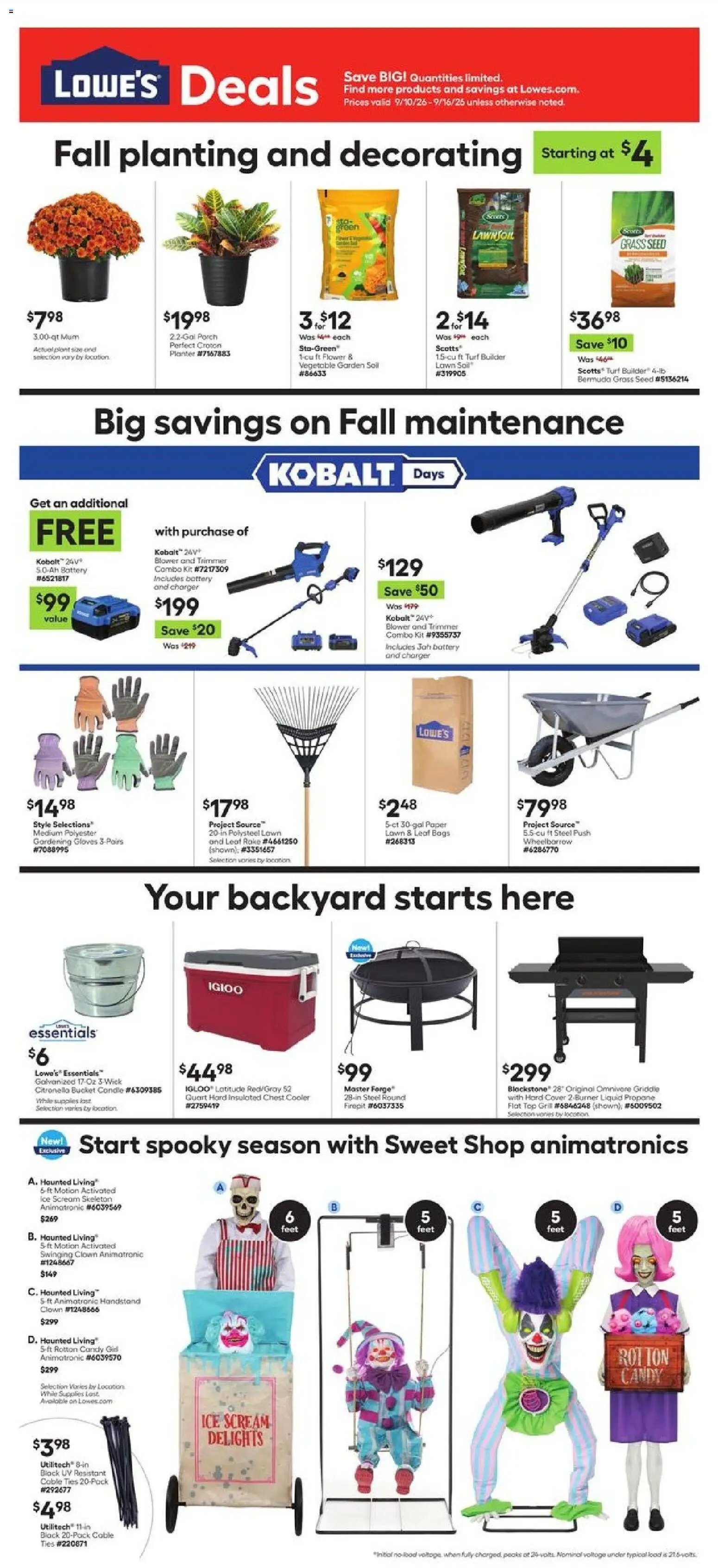 Ad Preview of Lowe's Lowe's Weekly Ad from 09/10/2026 - Charger, Candy, Grill, Gloves, Griddle, Rake, Cable, Blower