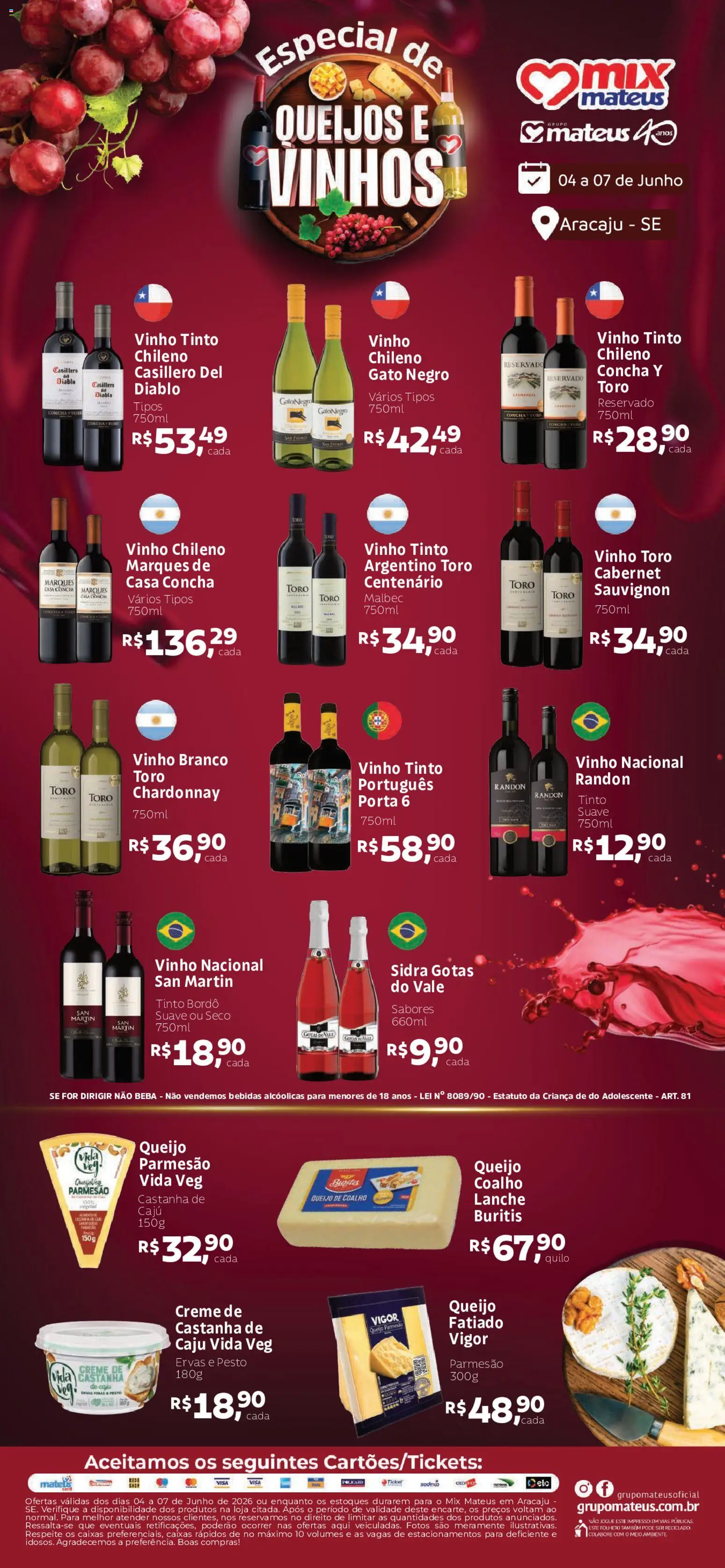 Pré-Visualização do folheto "Mateus ofertas Queijos e Vinhos" da loja Mateus válido a partir de 04/06/2026 - Porta, Vinho, Queijo, Creme, Queijo parmesão, Vinho tinto, Pesto, Sidra
