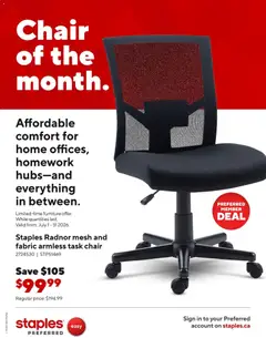 Preview of leaflet Staples flyer - Chair of the month from shop Staples is valid from Jul 03, 2026