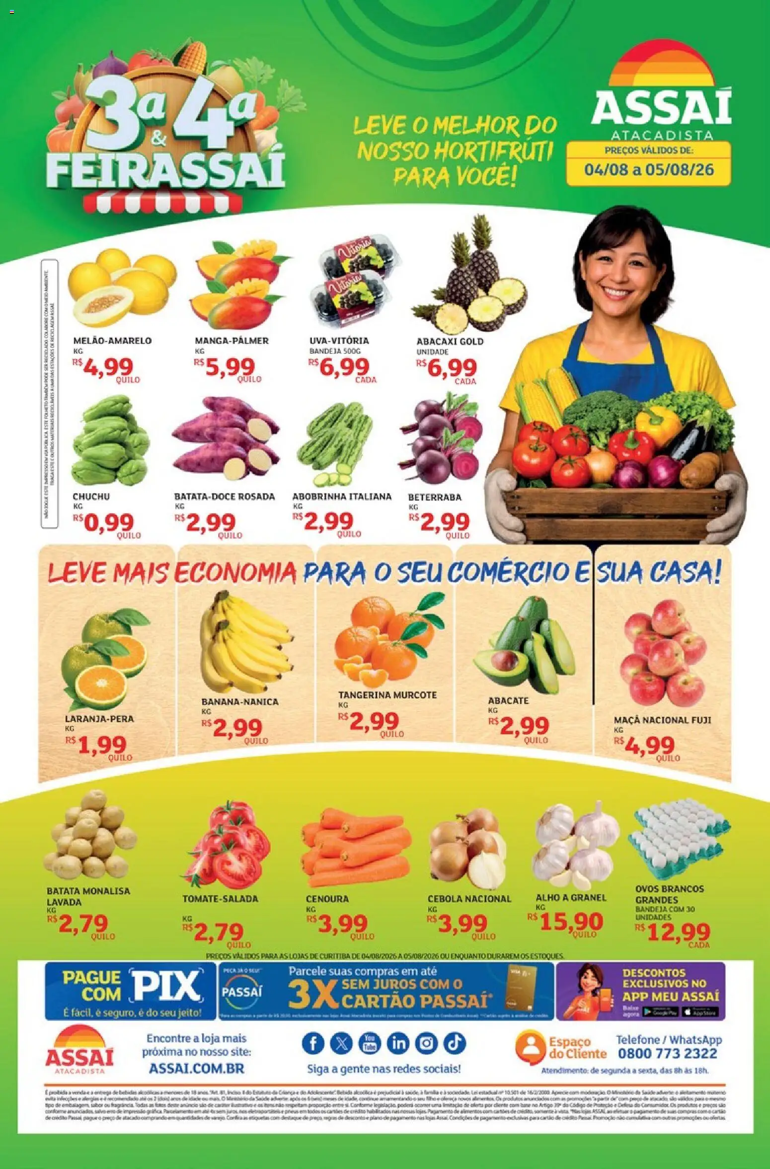 Pré-Visualização do folheto "Assaí Atacadista ofertas - PR" da loja Assaí Atacadista válido a partir de 04/08/2026 - Telefone, Abacaxi, Chuchu, Abobrinha, Cenoura, Cebola, Bandeja, Alho