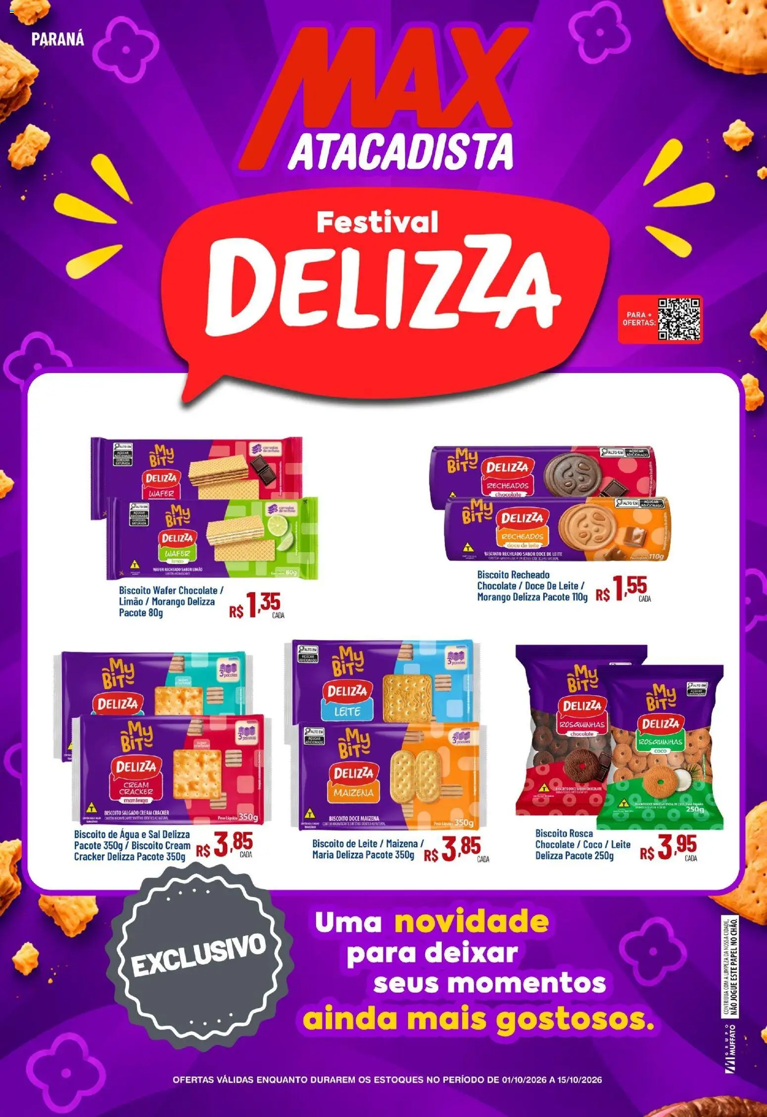 Pré-Visualização do folheto "Max Atacadista ofertas Festival Delizza" da loja Max Atacadista válido a partir de 01/10/2026 - Chocolate, Água, Sal, Doce, Manteiga, Açúcar, Biscoito recheado, Biscoito salgado