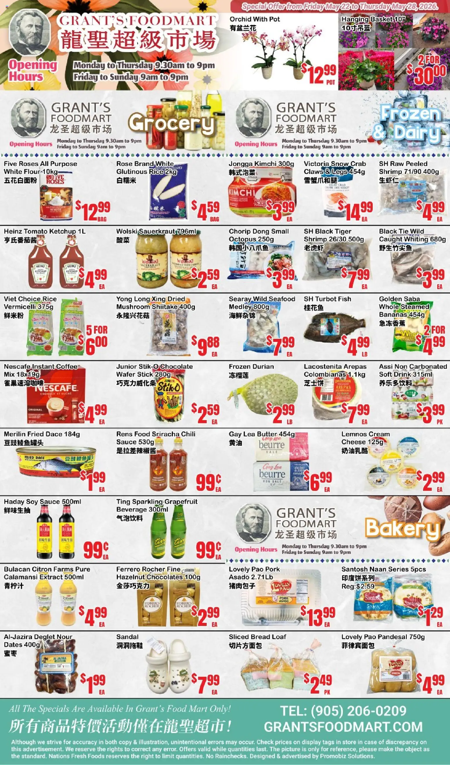 Preview of leaflet Oceans weekly flyer - Grant’s Foodmart from shop Oceans is valid from May 22, 2026 - Coffee, Fish, Cheese, Butter, Grapefruit, Basket, Ketchup, Instant coffee