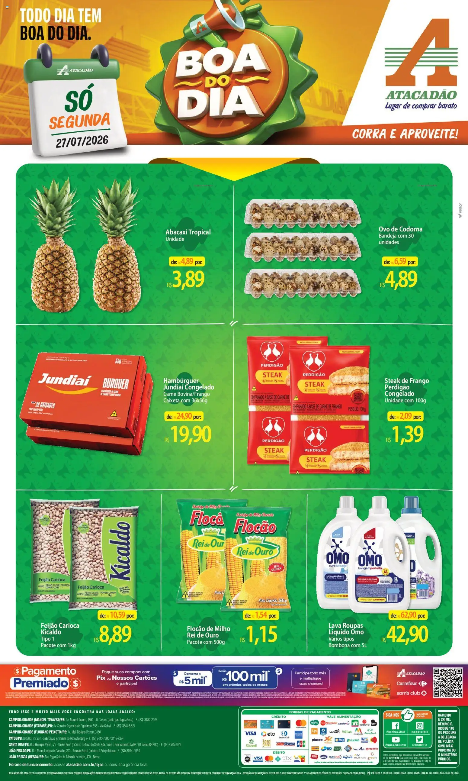 Pré-Visualização do folheto "Atacadão ofertas - PB" da loja Atacadão válido a partir de 27/07/2026 - Roupas, Base, Feijão, Carne, Milho, Bandeja, Farinha, Steak