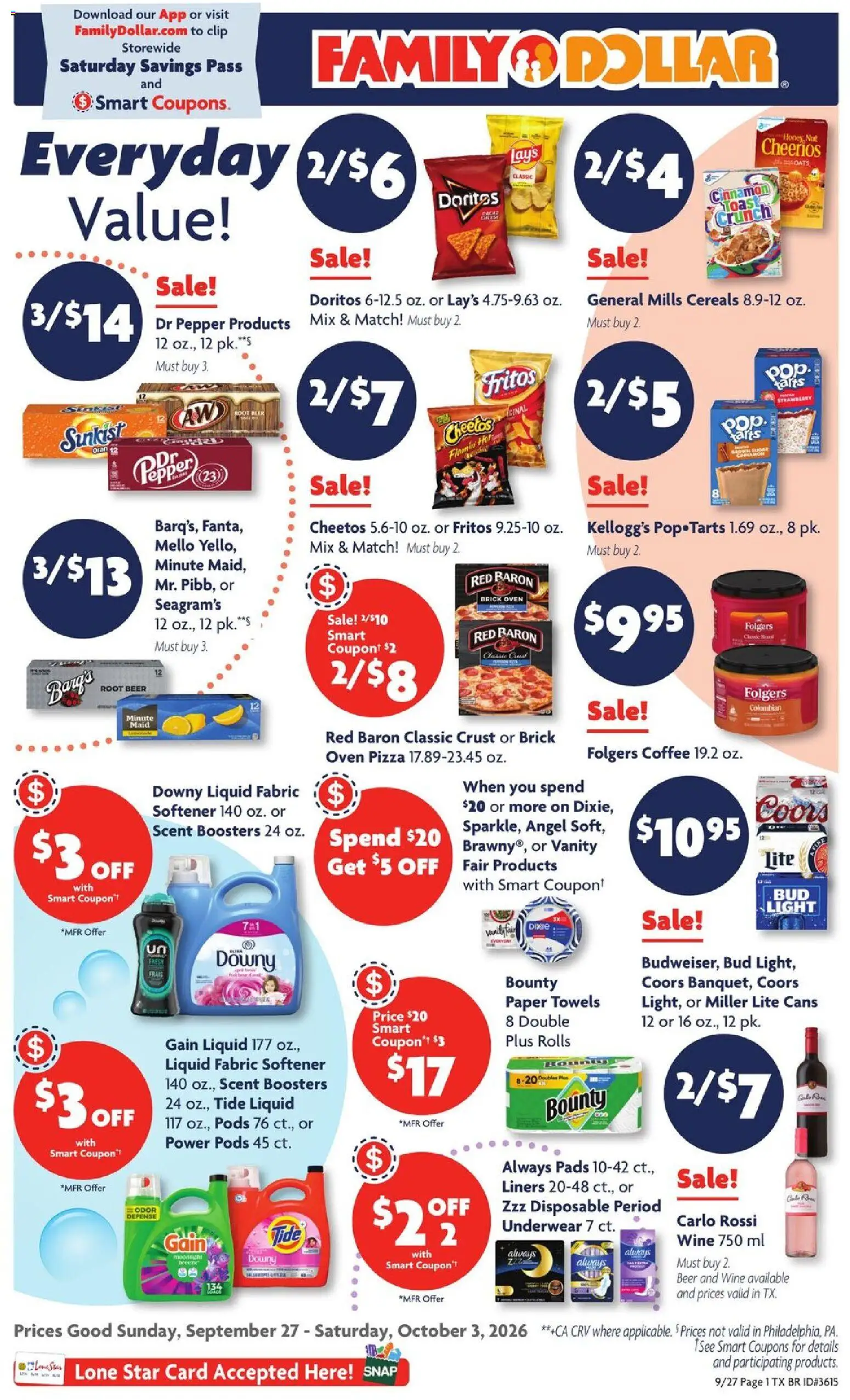 Ad Preview of Family Dollar Family Dollar Weekly Ad from 09/27/2026 - Pizza, Beer, Pads, Underwear, Oven, Clip, Paper towels, Fabric softener