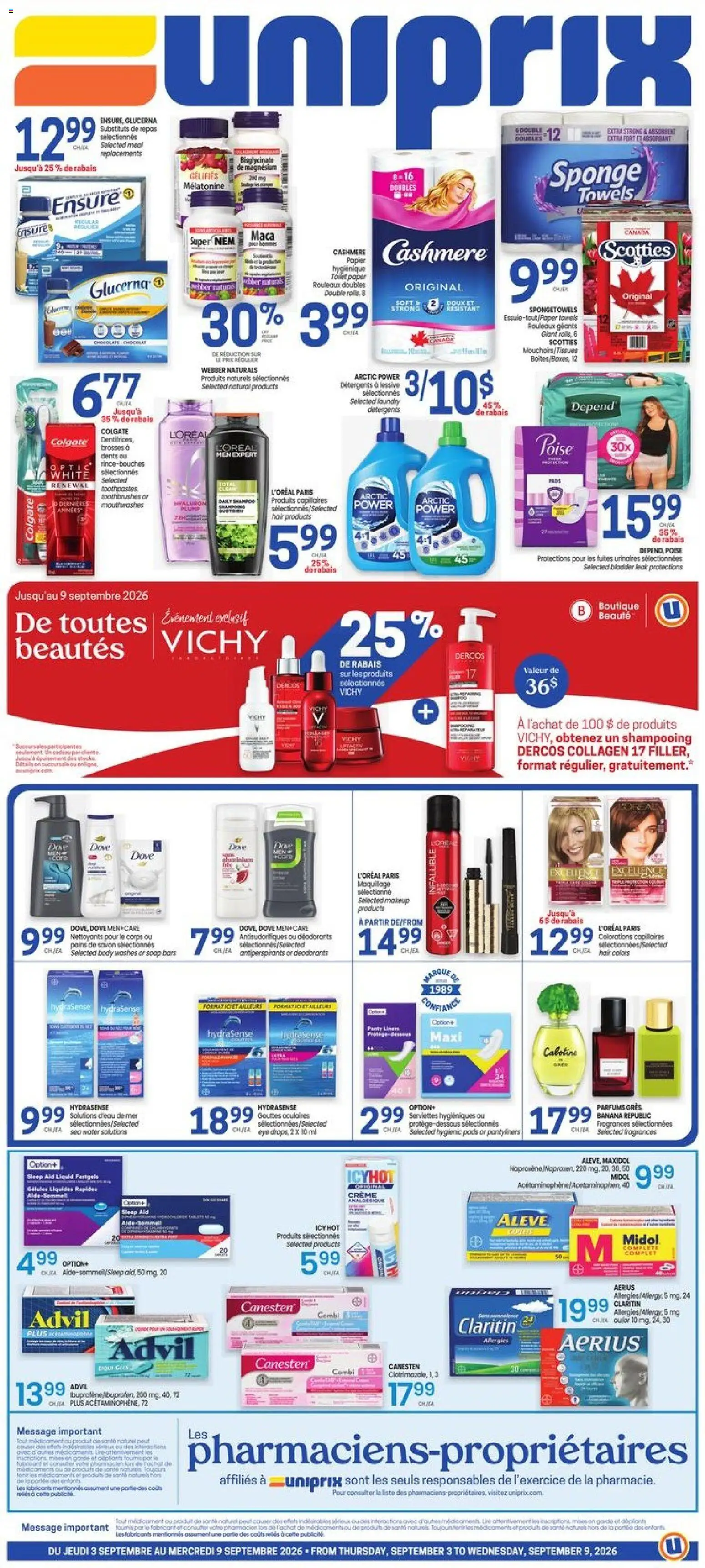 Preview of leaflet Uniprix weekly flyer / circulaire from shop Uniprix is valid from Sep 03, 2026 - Water, Meat, Toilet paper, Soap, Oats, Towels, Sponge