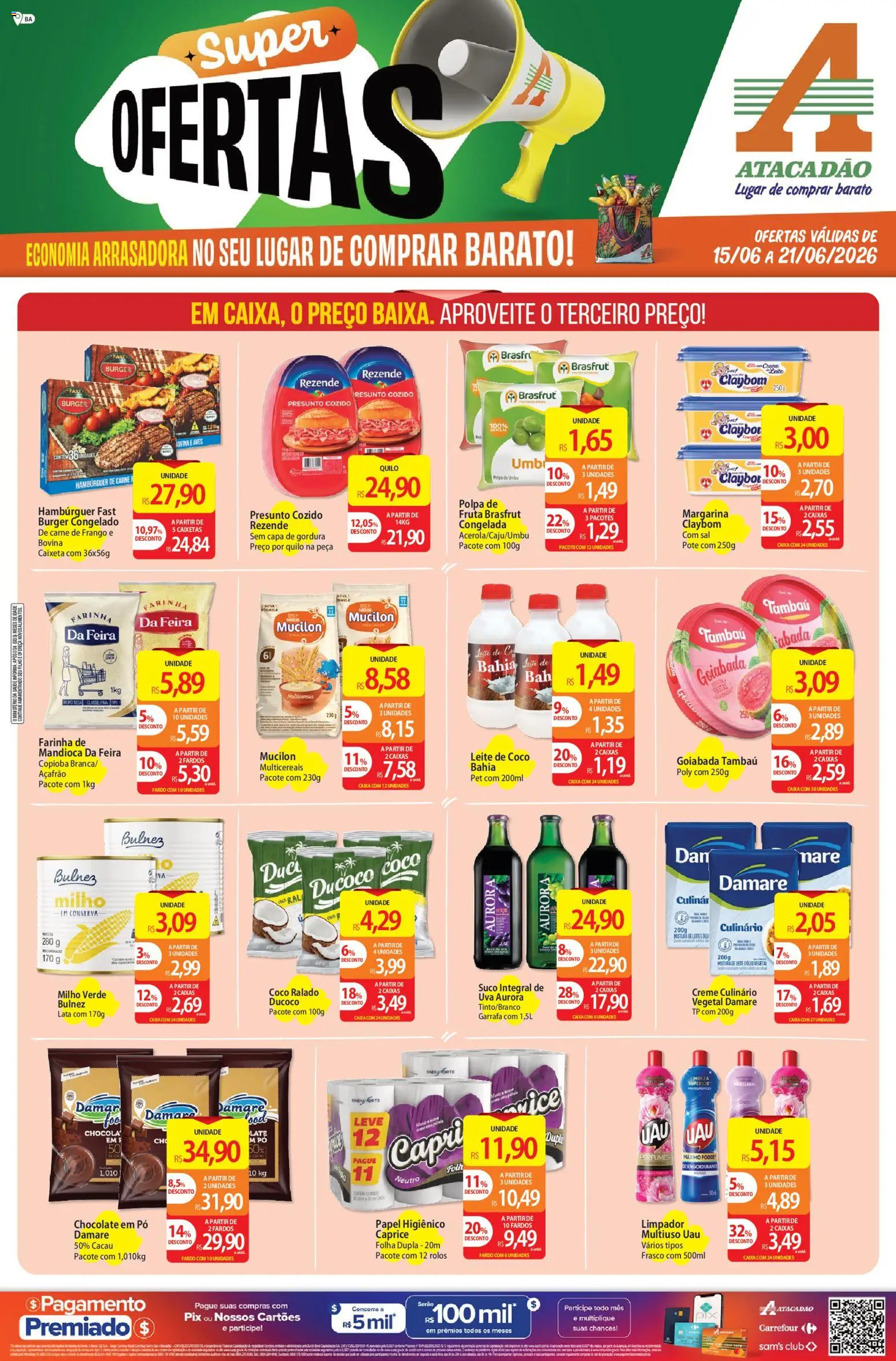 Pré-Visualização do folheto "Atacadão ofertas - BA" da loja Atacadão válido a partir de 15/06/2026 - Caixa, Uva, Frango, Aves, Goiabada, Presunto, Leite de coco, Farinha de mandioca