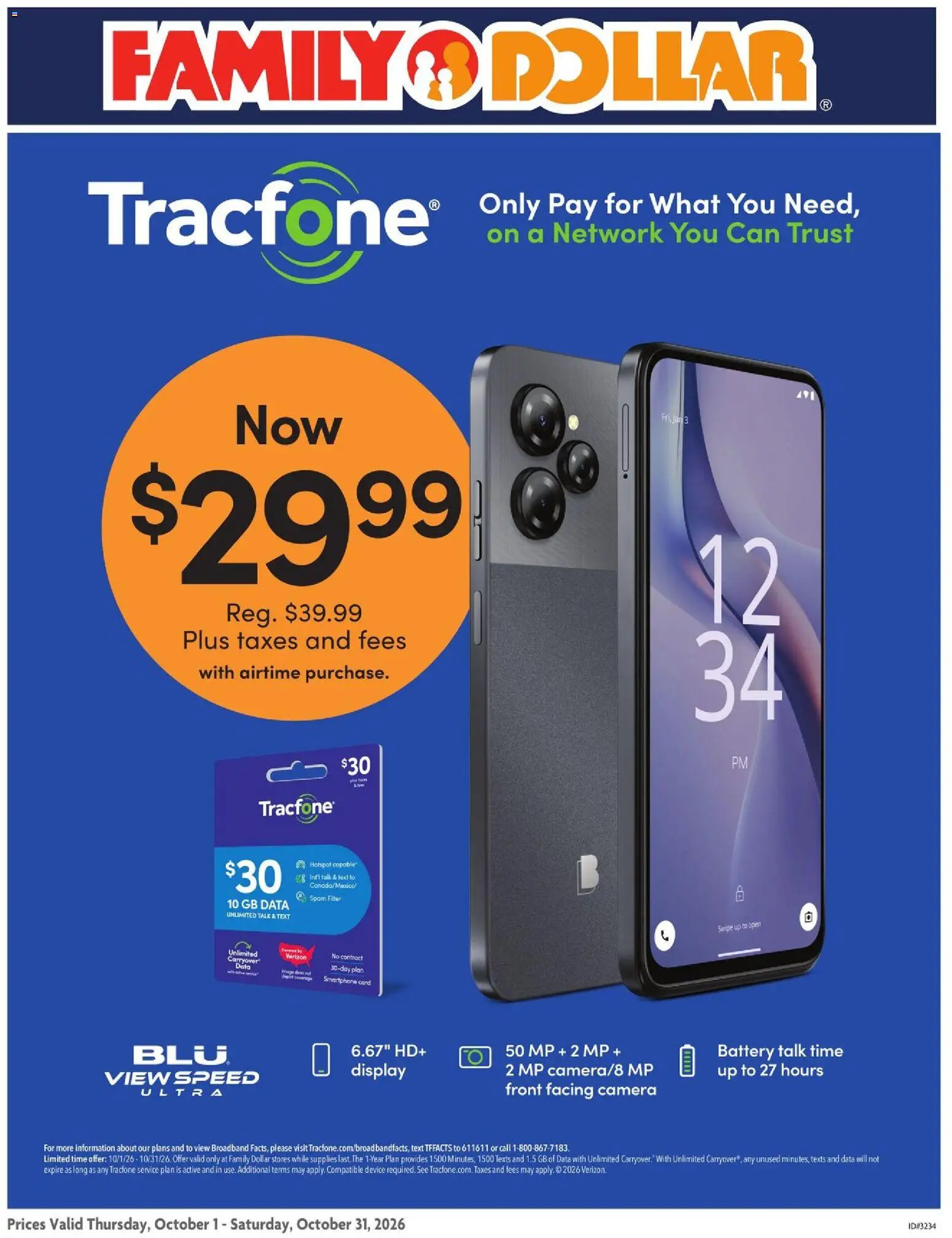 Ad Preview of Family Dollar Family Dollar AT&T/Tracfone from 10/01/2026 - Camera, Date, Battery, Smartphone