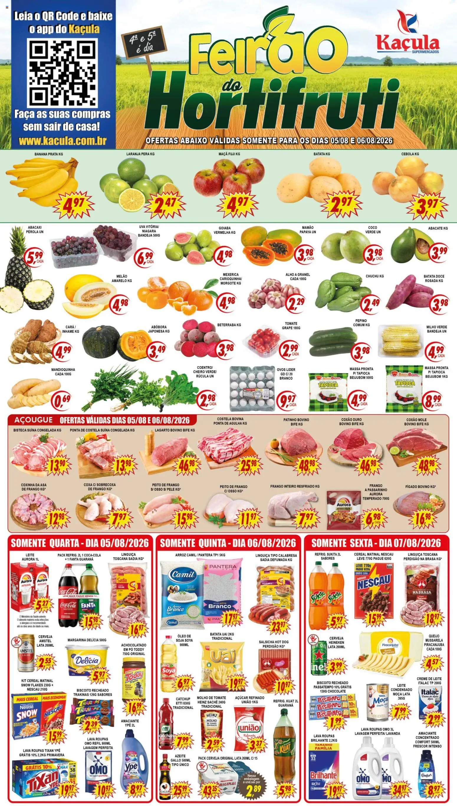 Pré-Visualização do folheto "Kaçula - Ofertas da semana" da loja Kaçula válido a partir de 05/08/2026 - Abóbora, Pera, Milho, Cola, Mexerica, Guaraná, Margarina, Mamão