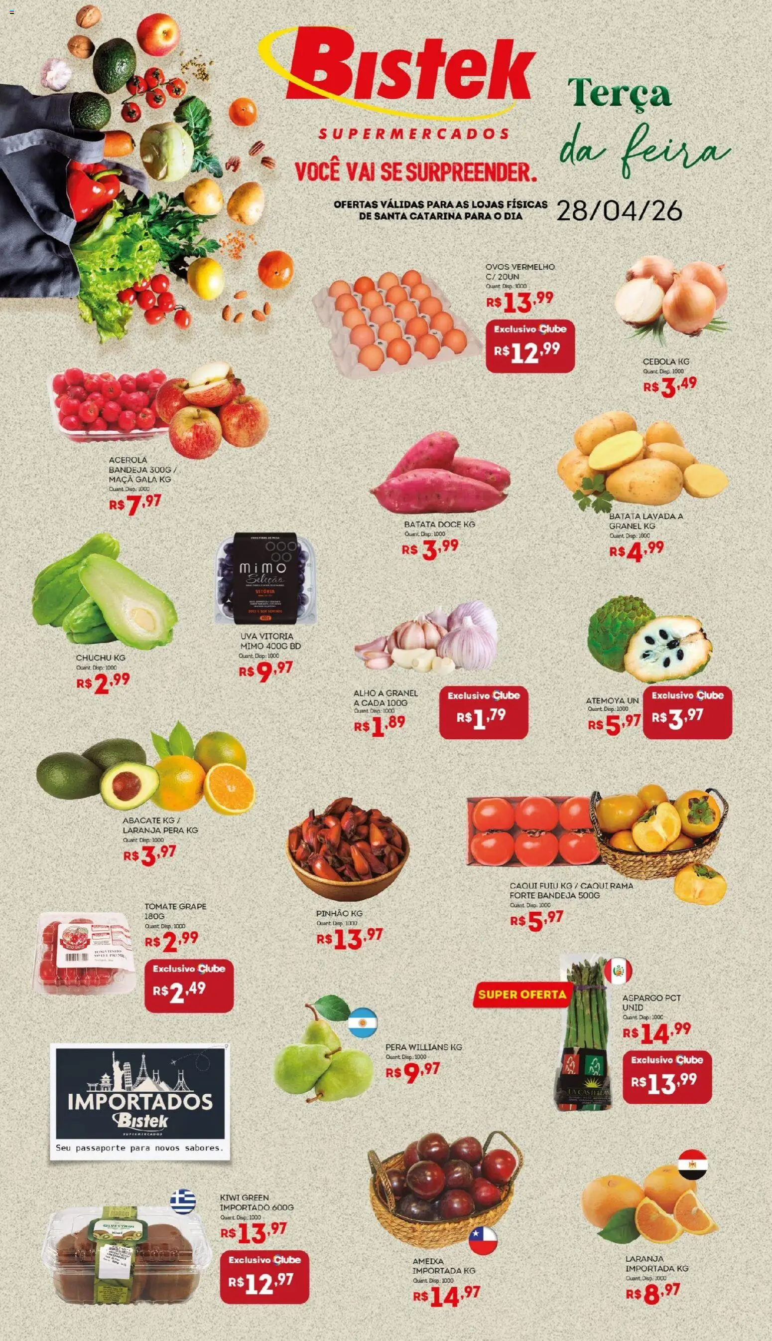 Pré-Visualização do folheto "Bistek Supermercados ofertas Hortifruti" da loja Bistek Supermercados válido a partir de 28/04/2026 - Uva, Chuchu, Batata, Caqui, Tomate, Acerola, Bandeja, Alho