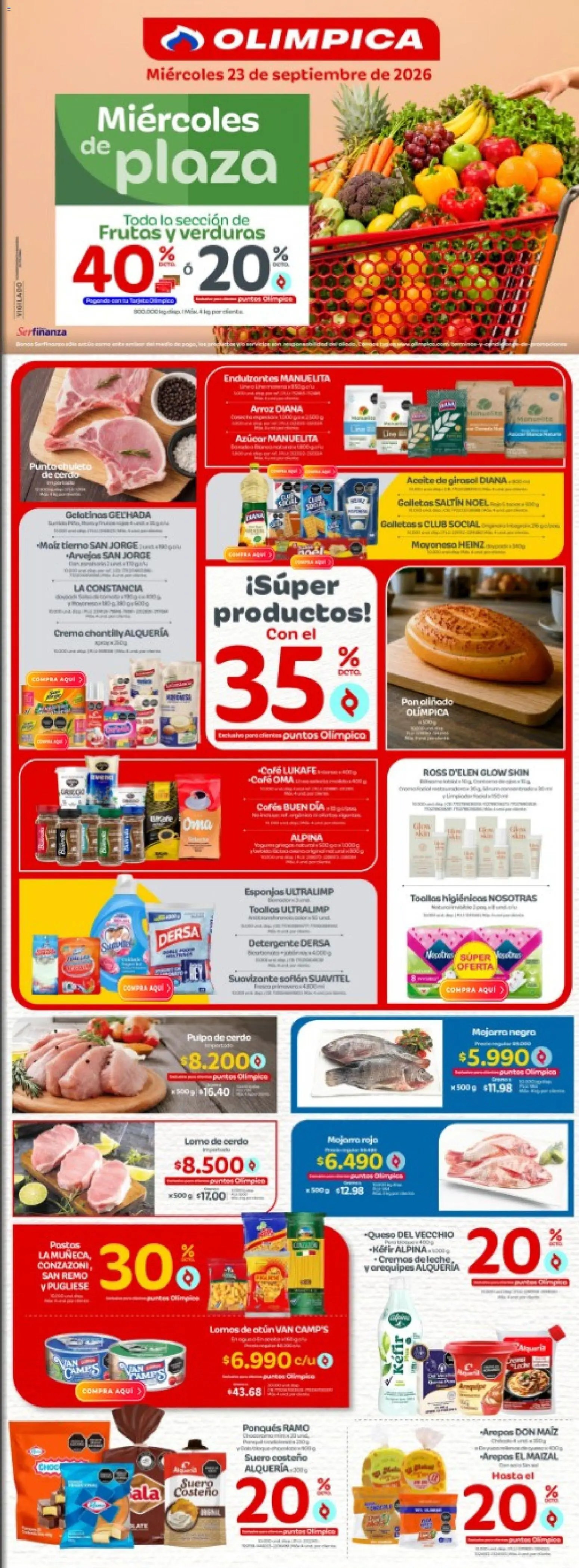  Vista previa del prospecto Olímpica catálogo Miércoles de plaza del almacen Olímpica válida del 23/09/2026 al 23/09/2026 - Azucar, Verduras, Galletas, Queso, Maiz, Esponjas, Mayonesa, Aceite de girasol
