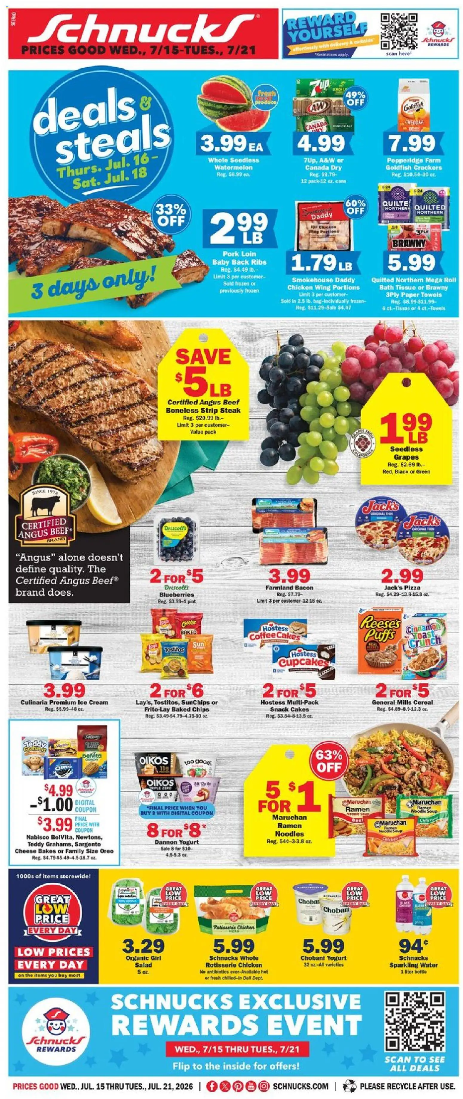 Ad Preview of Schnucks Schnucks Weekly Print Ad - IN from 07/15/2026 - Ice cream, Ice, Chips, Blueberries, Cereal, Bacon, Pork, Chicken