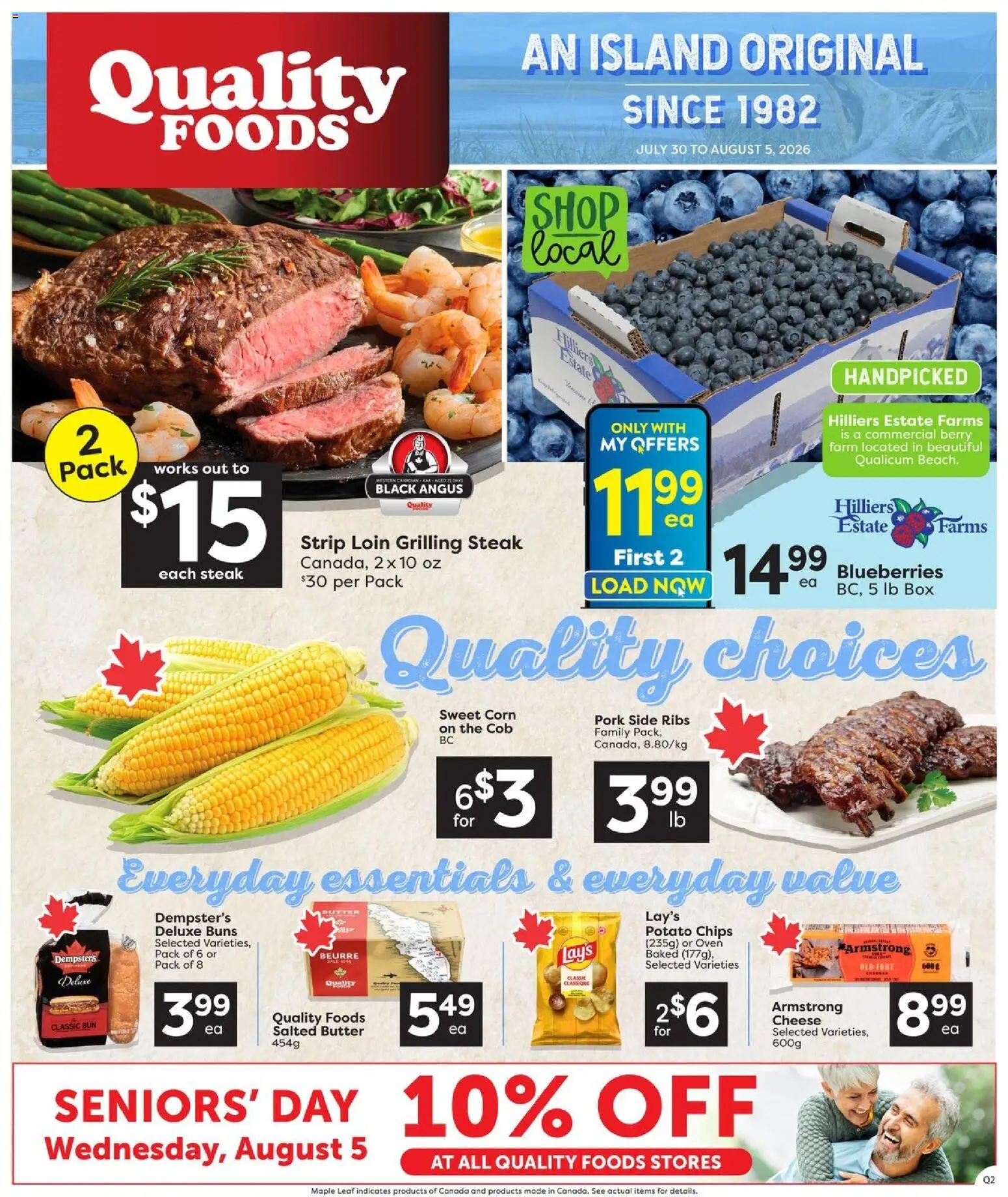 Preview of leaflet Quality Foods weekly flyer / circulaire from shop Quality Foods is valid from Jul 30, 2026 - Steak, Cheese, Chips, Blueberries, Box, Corn, Pork, Oven