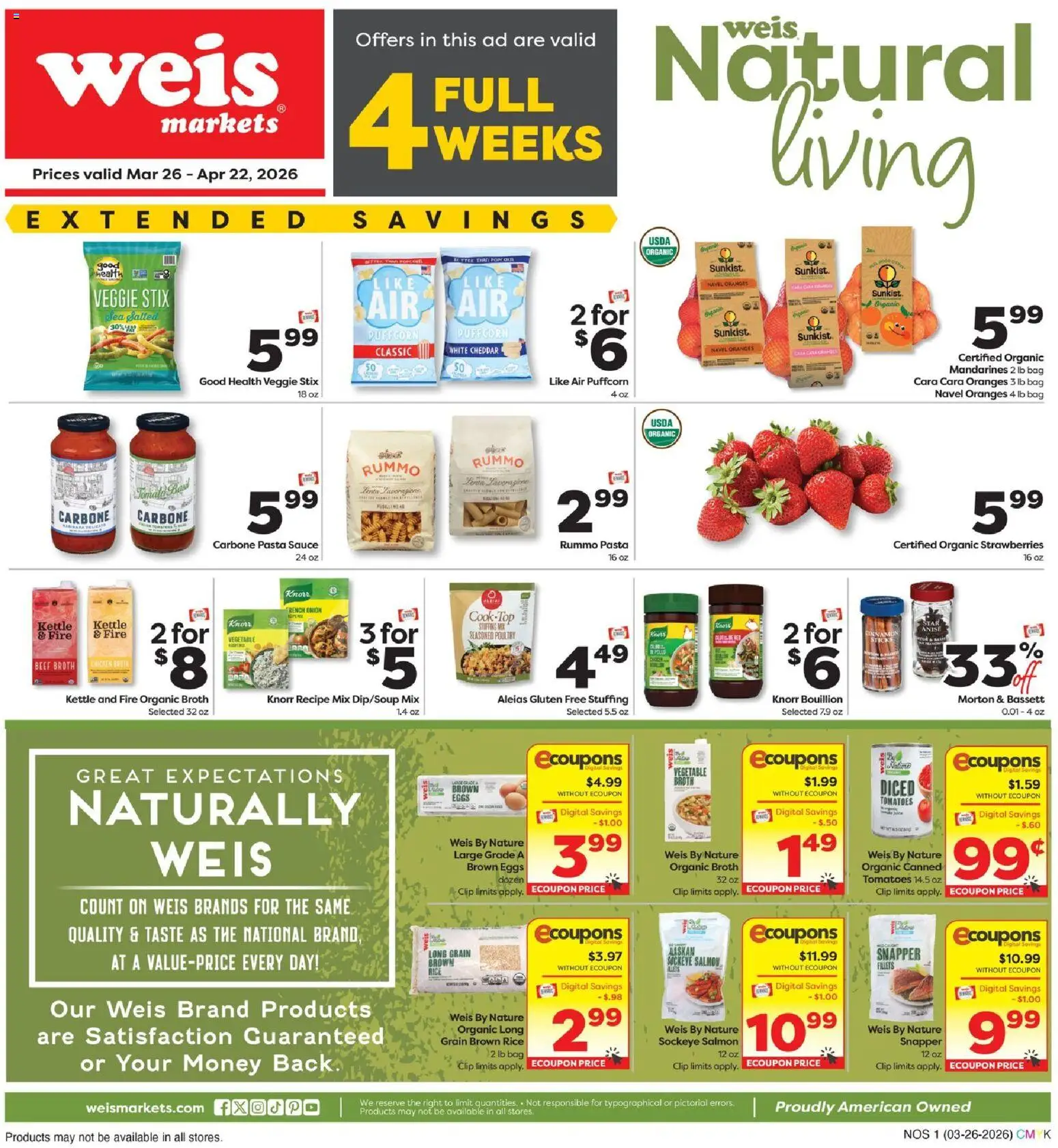 Ad Preview of Weis Weis Natural Living from 03/26/2026 - Pasta, Popcorn, Strawberries, Tomatoes, Bag, Clip, Poultry, Cooktop
