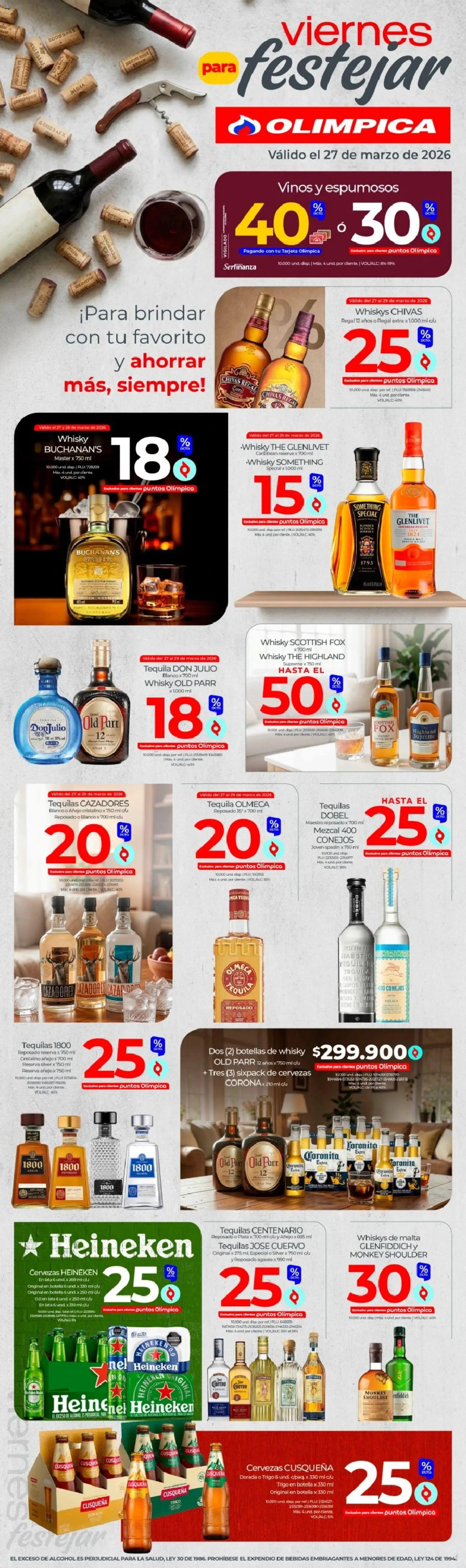 Vista previa del prospecto Olímpica catálogo - viernes para festejar del almacen Olímpica válida del 27/03/2026 al 27/04/2026 - Whisky, Tequila, Pan, Alcohol, Bebidas, Botella