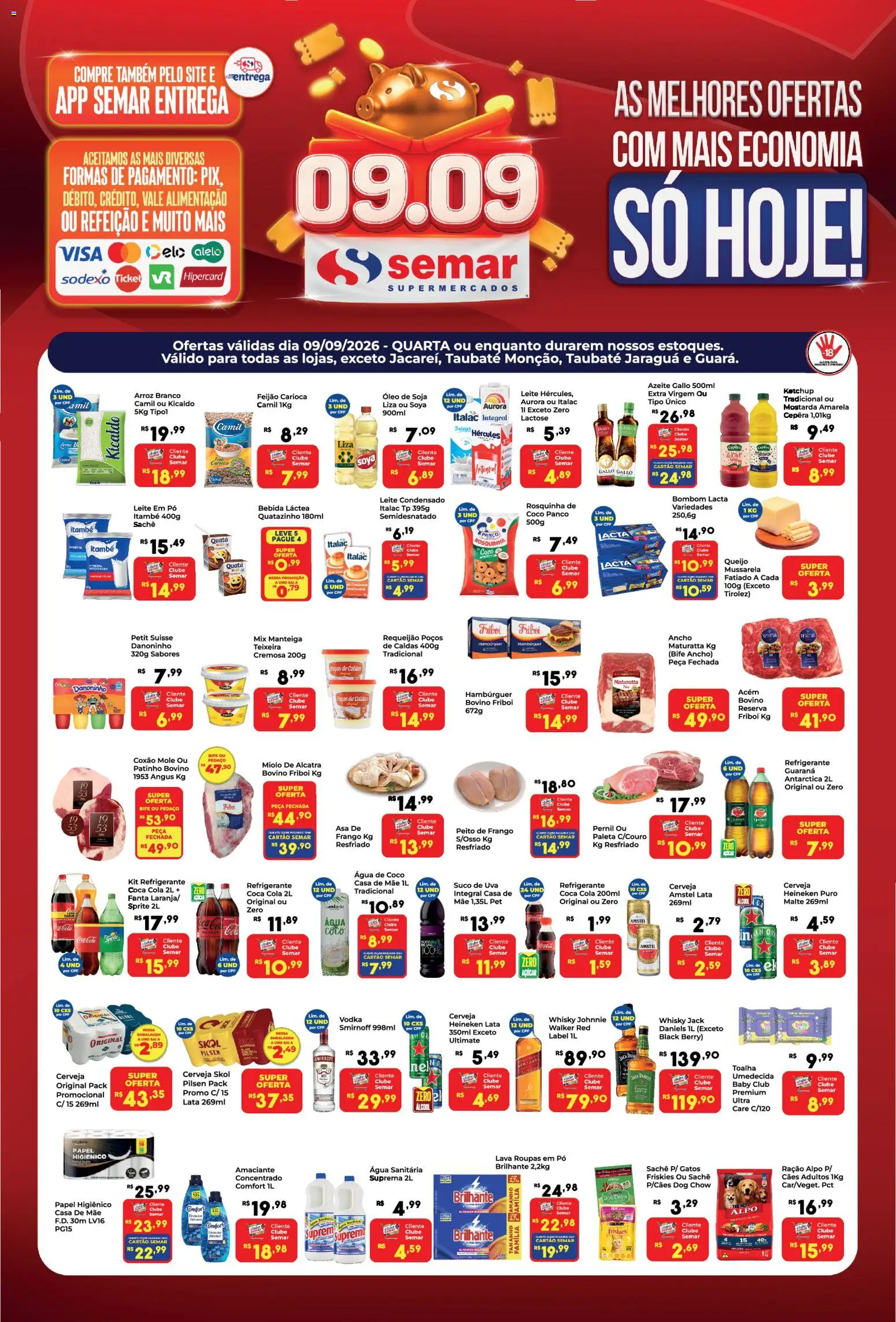 Pré-Visualização do folheto "Semar Supermercado - Ofertas da semana" da loja Semar Supermercado válido a partir de 09/09/2026 - Roupas, Azeite, Manteiga, Suco, Refrigerante, Papel higiênico, Água sanitária, Guaraná