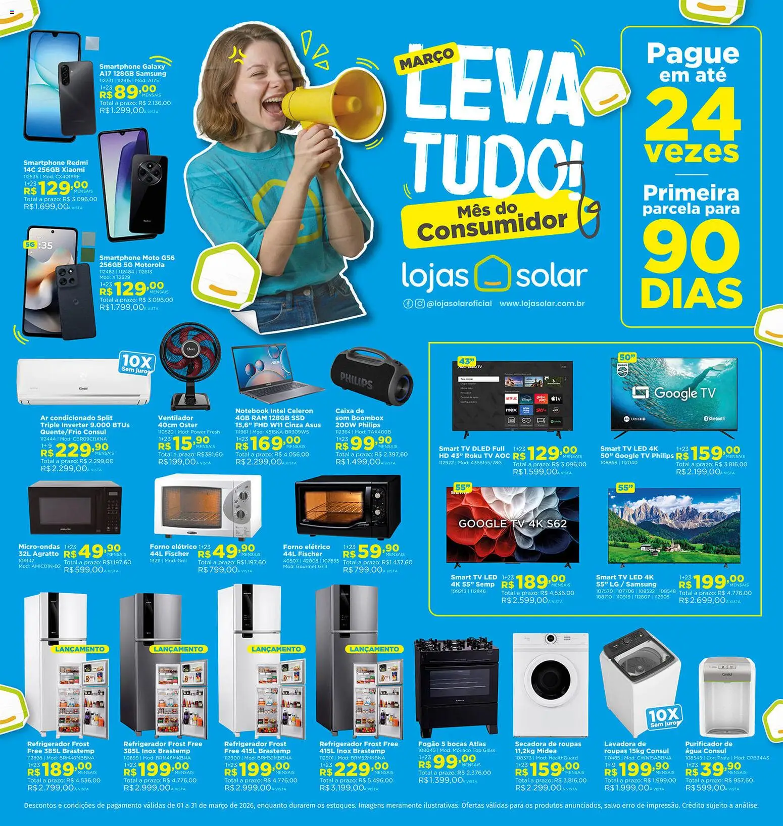 Pré-Visualização do folheto "Lojas Solar - Ofertas atuais" da loja Lojas Solar válido a partir de 01/03/2026 - Caixa, Microondas, Fogão, Fogão 5 bocas, Smartphone, Roupas, Secadora de roupas, Grill