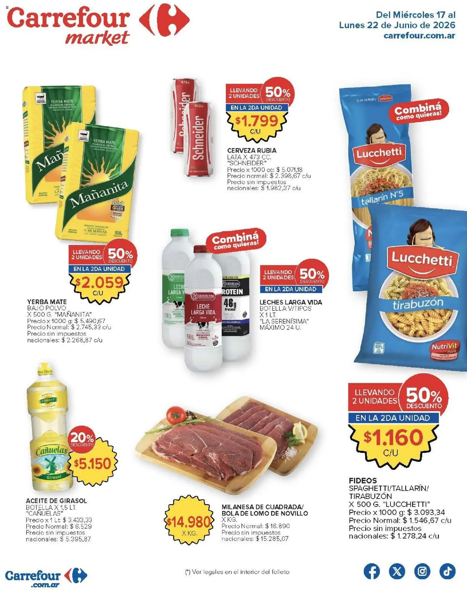 Vista previa del folleto de la tienda Carrefour Market válido desde el 17/06/2026 - Mate, Milanesa, Cerveza, Aceite, Lomo, Leche, Fideos, Aceite de girasol