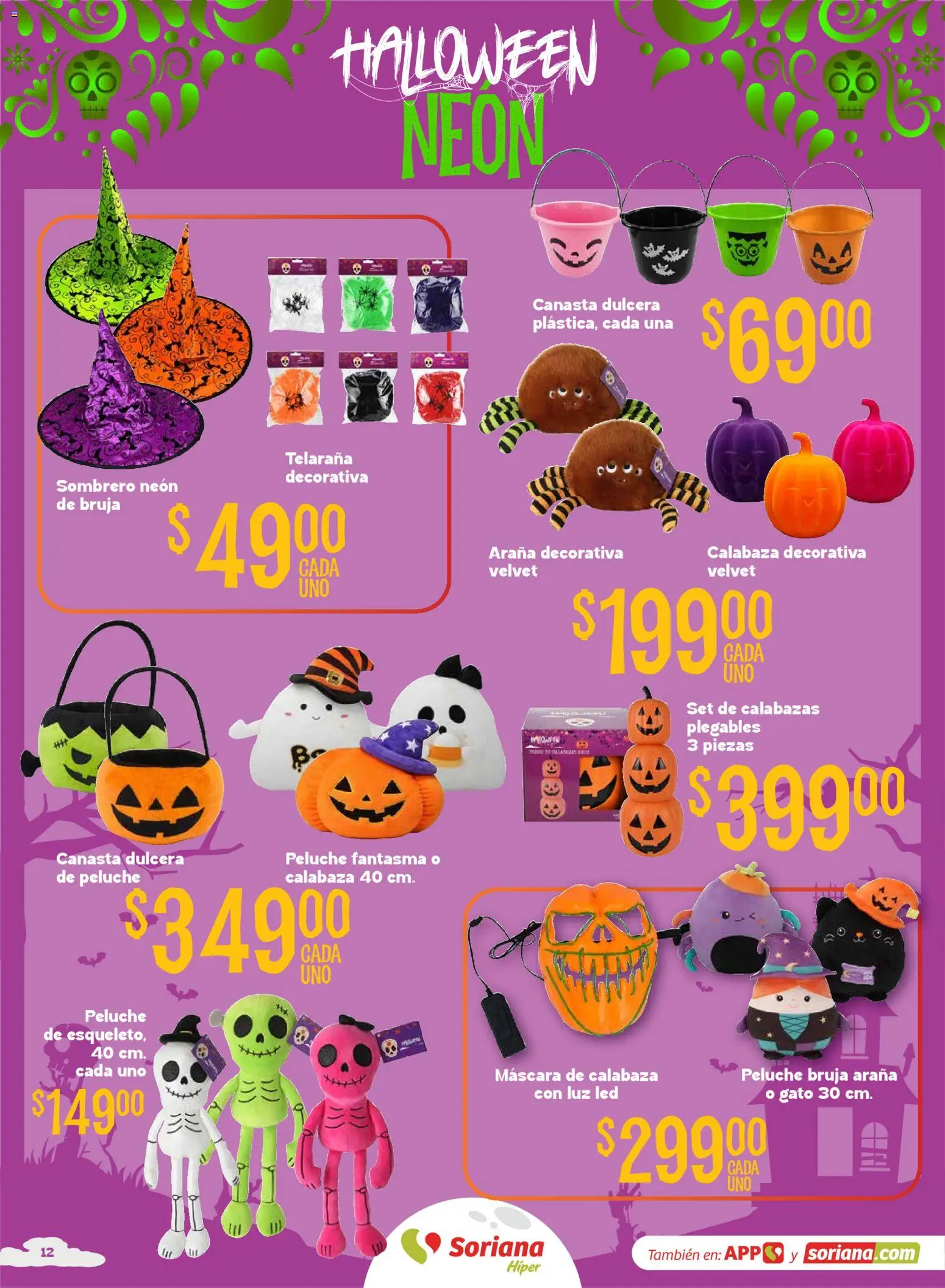 Vista previa las ofertas de la tienda Soriana - Soriana Híper - Halloween y Día de muertos desde el 01/10/2026 - Sombrero, Calabaza, Canasta, Luz LED, Máscara, Dulcera