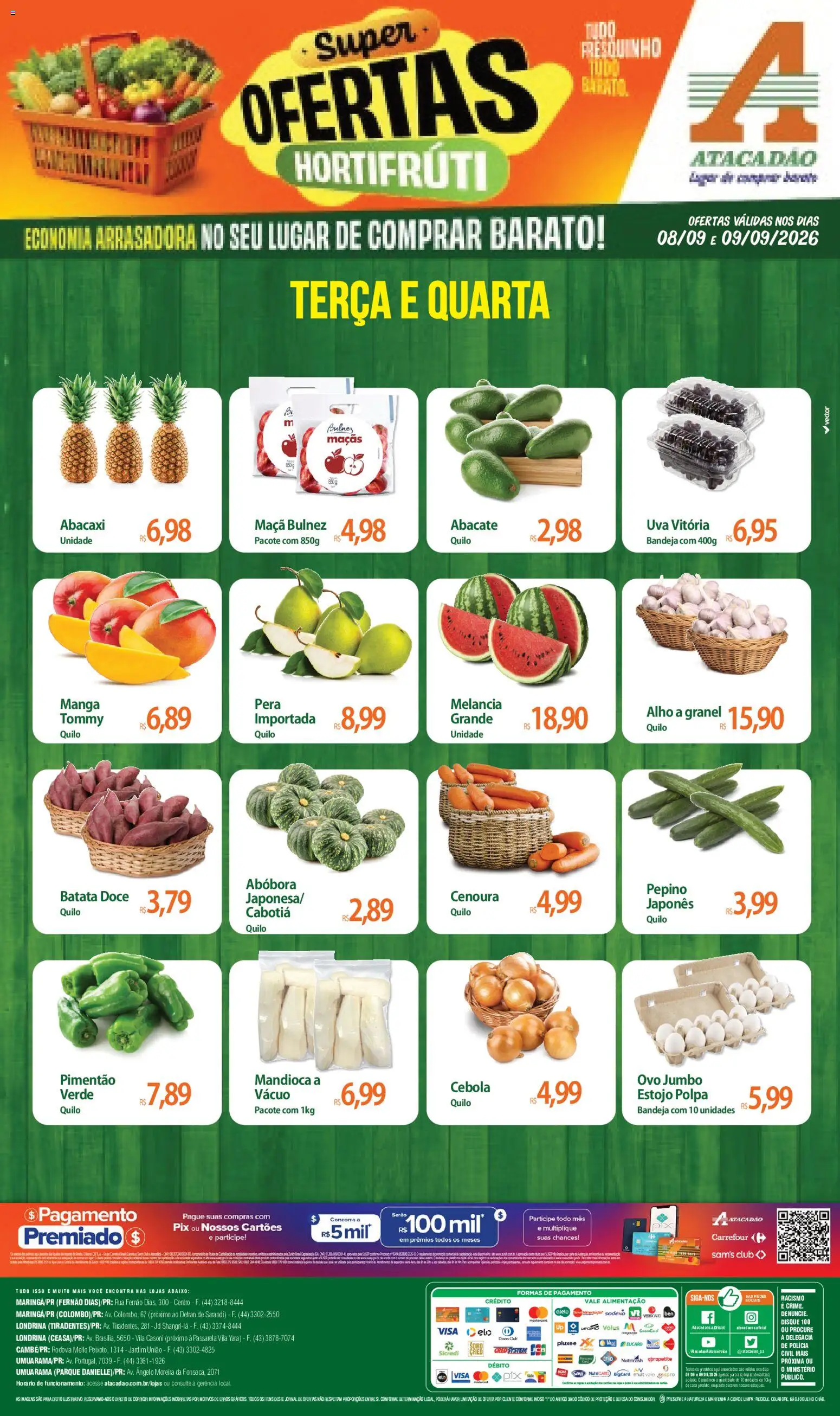 Pré-Visualização do folheto "Atacadão ofertas - PR" da loja Atacadão válido a partir de 08/09/2026 - Manga, Melancia, Maçãs, Doce, Batata, Cebola, Bandeja, Pimentão