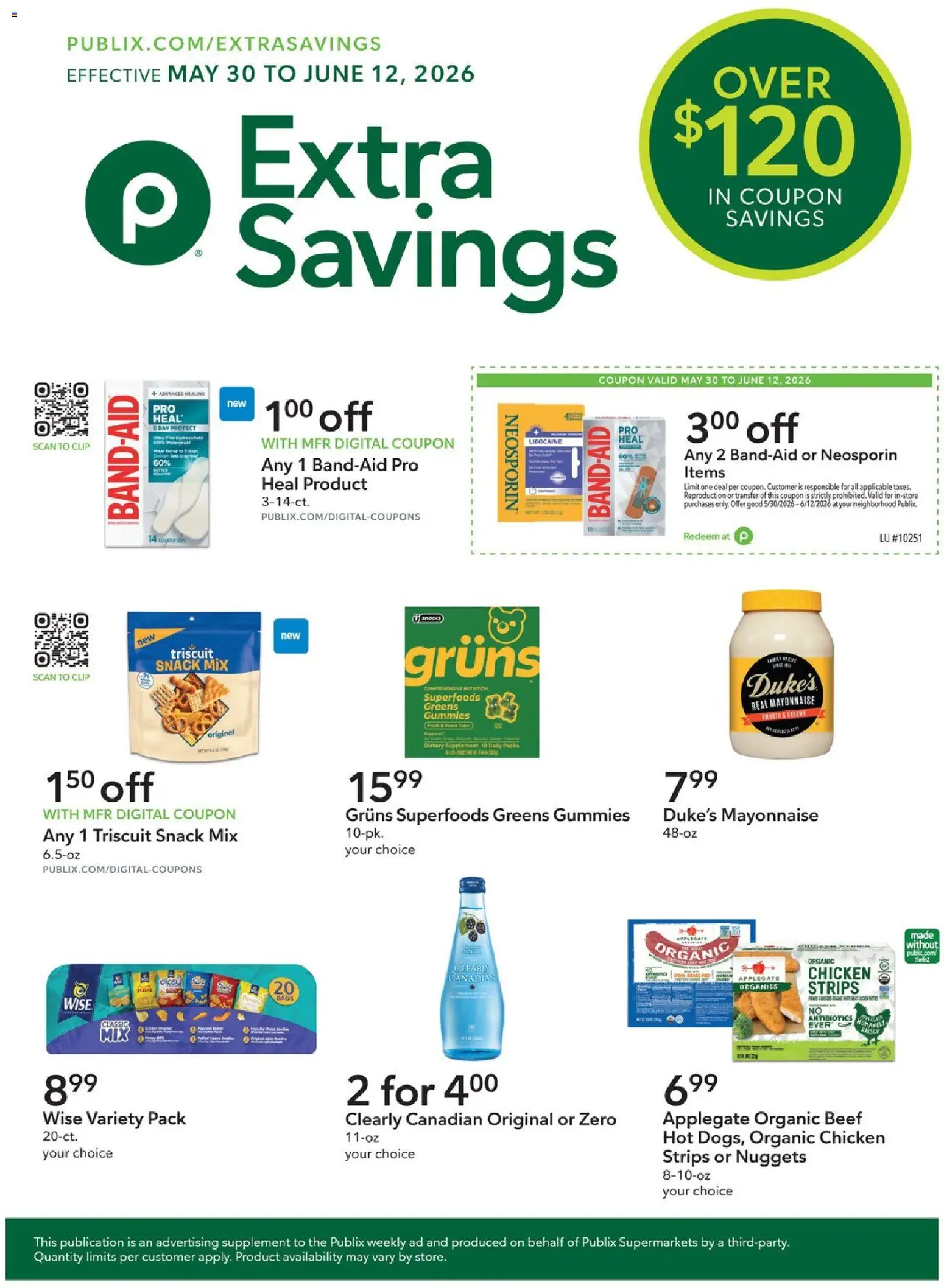 Ad Preview of Publix Publix Extra Savings from 05/30/2026 - Greens, Beef, Mayonnaise, Clip, Chicken