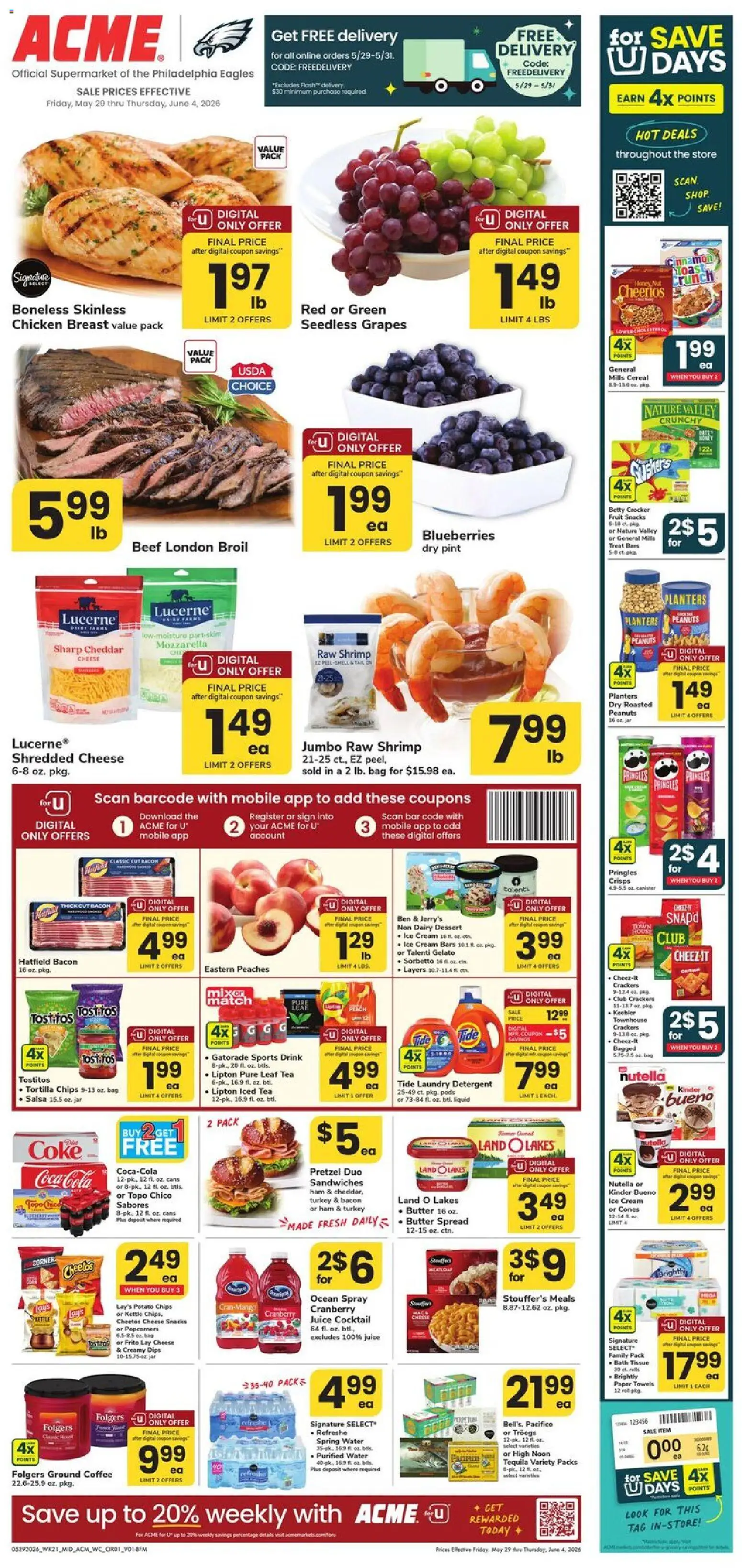 Ad Preview of Acme Acme Weekly Ad - PA from 05/29/2026 - Coffee, Fruit, Shrimp, Butter, Peanuts, Nutella, Crackers, Ground coffee