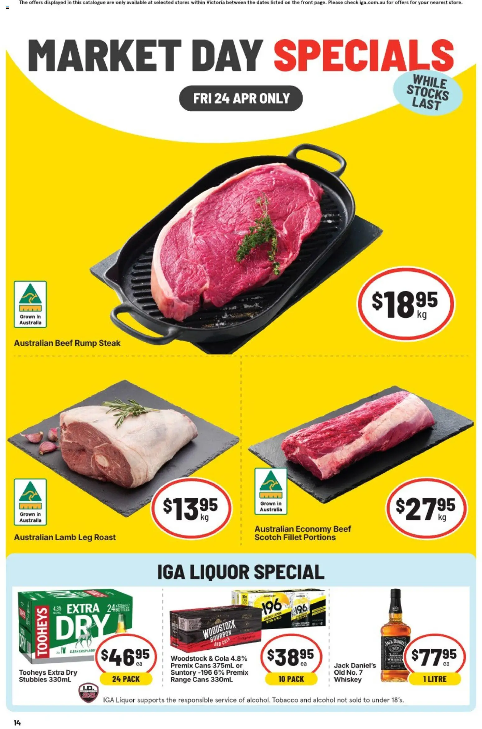 Preview of catalogue IGA Market Day Specials - VIC from shop IGA valid 23/04/2026 - Lamb, Bourbon, Whiskey, Steak, Scotch, Fillet, Rump steak, Jack Daniel’s