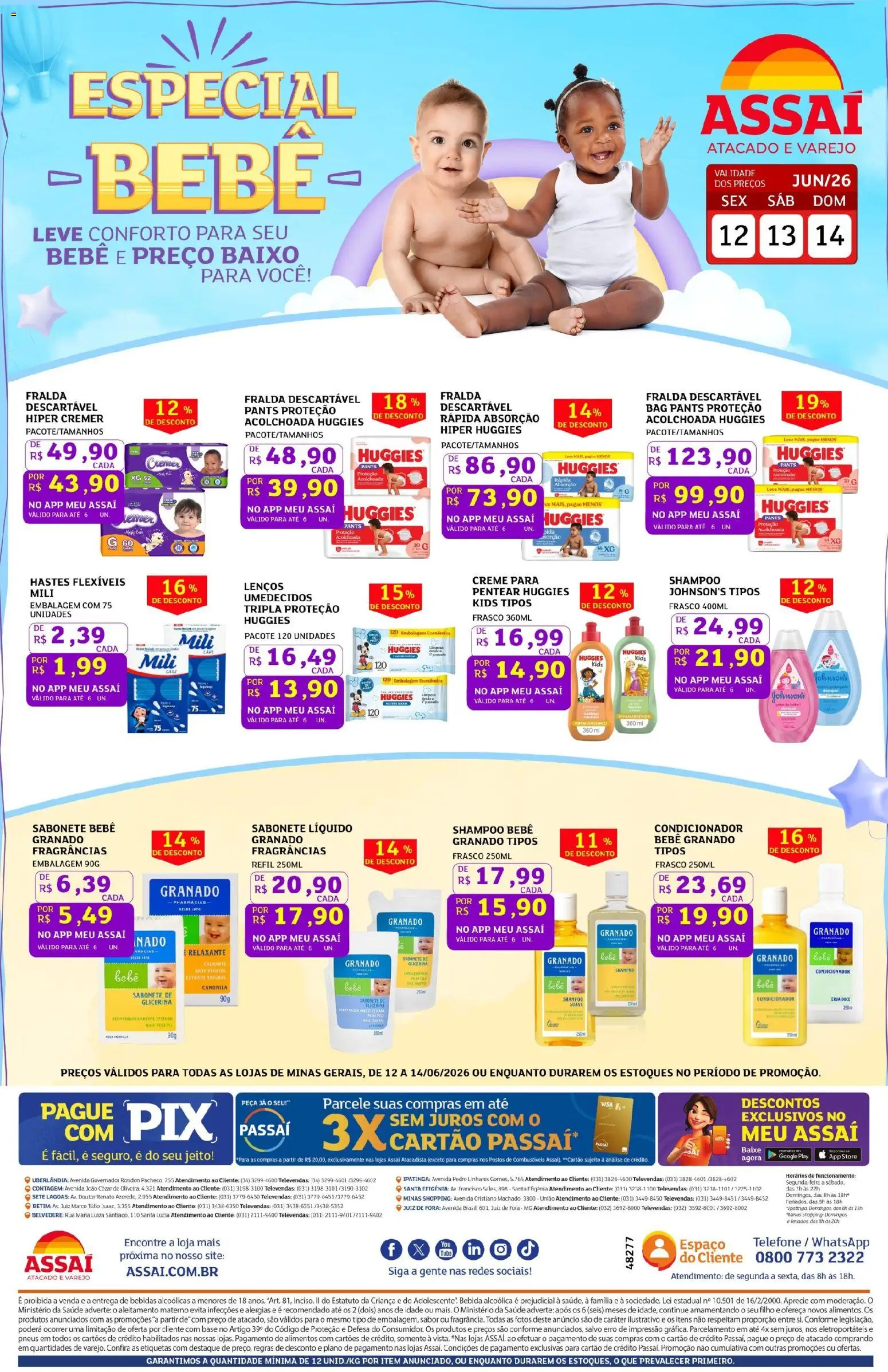 Pré-Visualização do folheto "Assaí Atacadista ofertas - MG" da loja Assaí Atacadista válido a partir de 12/06/2026 - Telefone, Bebidas, Base, Doce, Sabonete líquido, Creme, Alimentos, Baixo