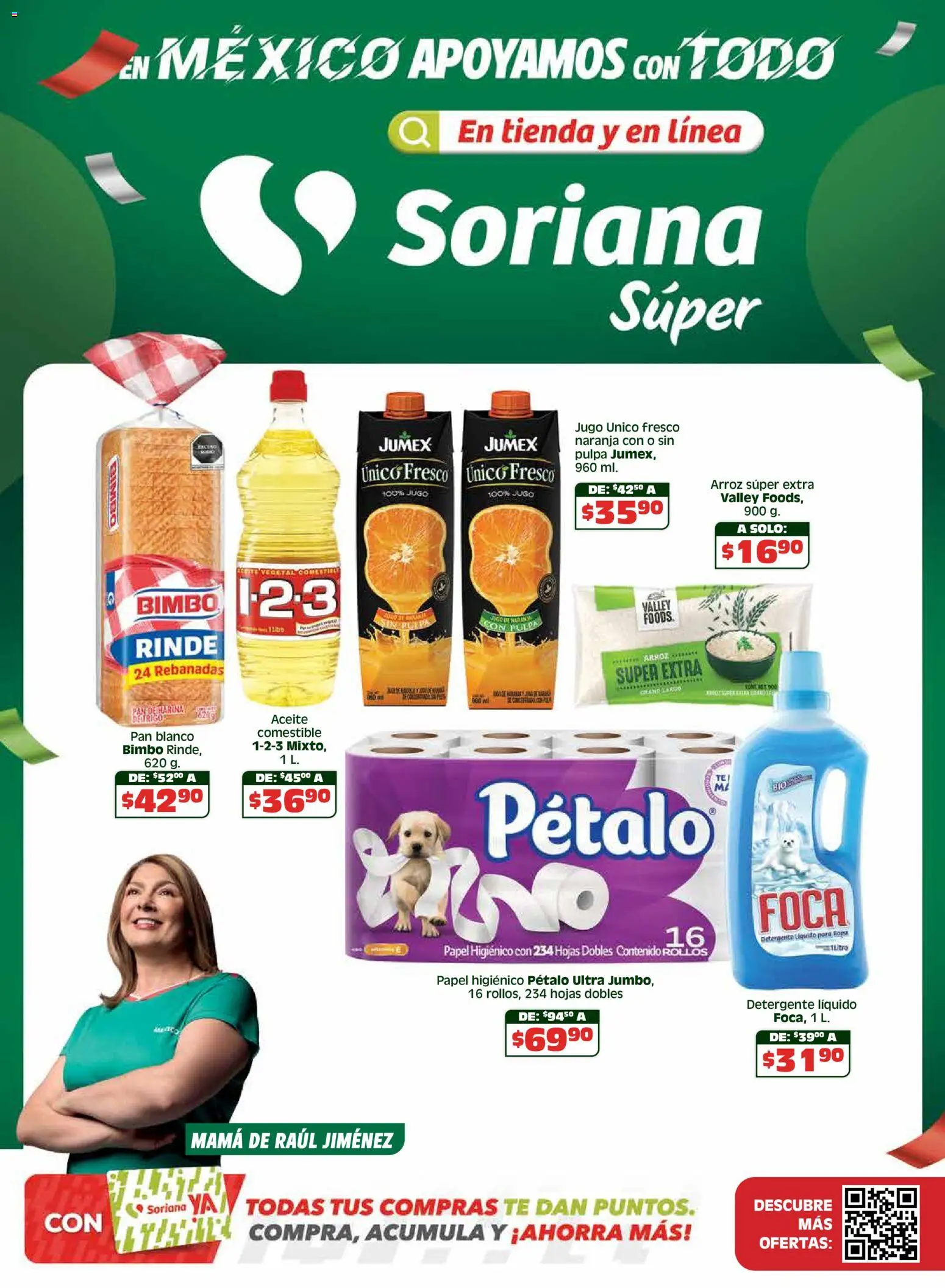 Vista previa las ofertas de la tienda Soriana - Soriana En México apoyamos con todo - Súper Nacional desde el 15/04/2026 - Pan, Ropa, Arroz, Aceite, Papel higiénico, Detergente, Detergente líquido, Detergente líquido para ropa