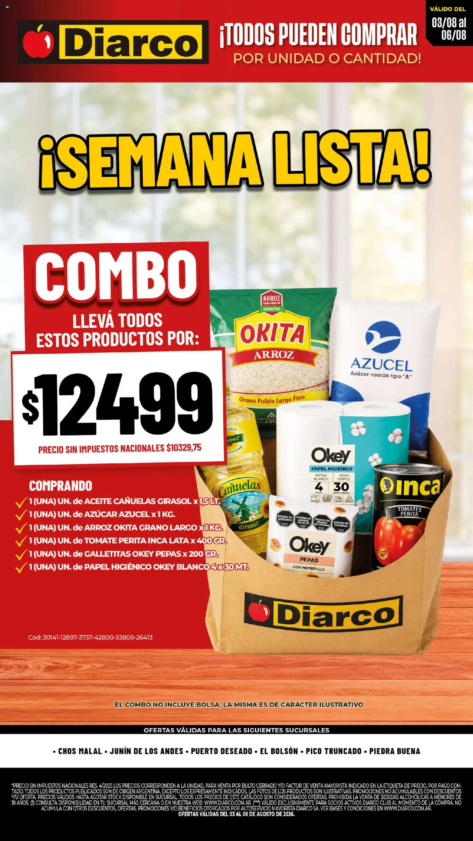 Vista previa del folleto de la tienda Diarco válido desde el 03/08/2026 - Bebidas, Tomate, Tomates, Arroz, Galletitas, Azucar, Aceite, Papel higiénico