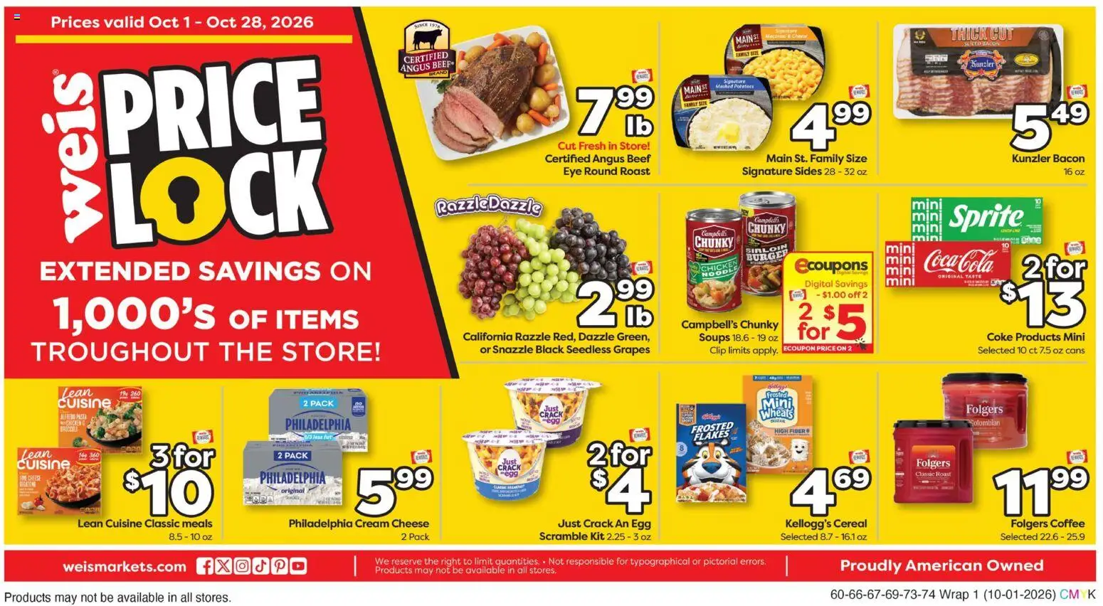 Ad Preview of Weis Weis Weekly Ad from 10/01/2026 - Coffee, Soups, Cereal, Grapes, Sprite, Cream, Clip, Seedless grapes