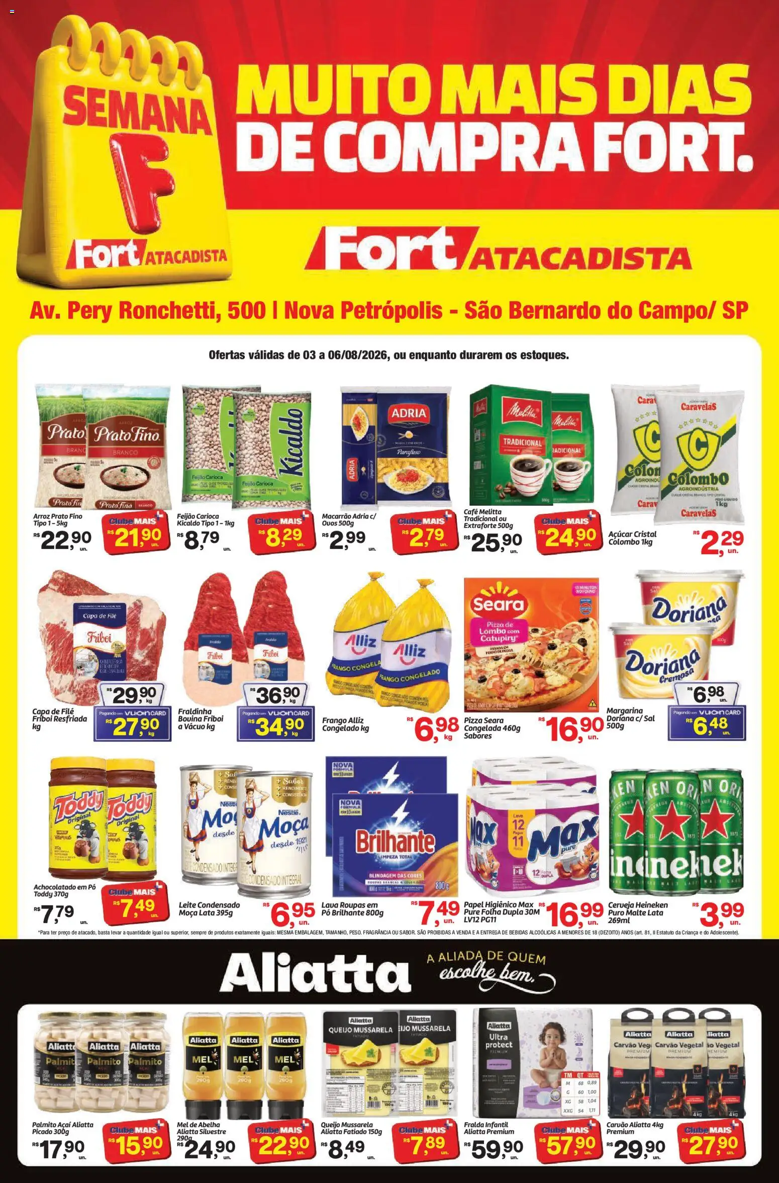 Pré-Visualização do folheto "Fort Atacadista - Ofertas da semana" da loja Fort Atacadista válido a partir de 03/08/2026 - Macarrão, Roupas, Bebidas, Feijão, Leite, Catupiry, Palmito, Cará