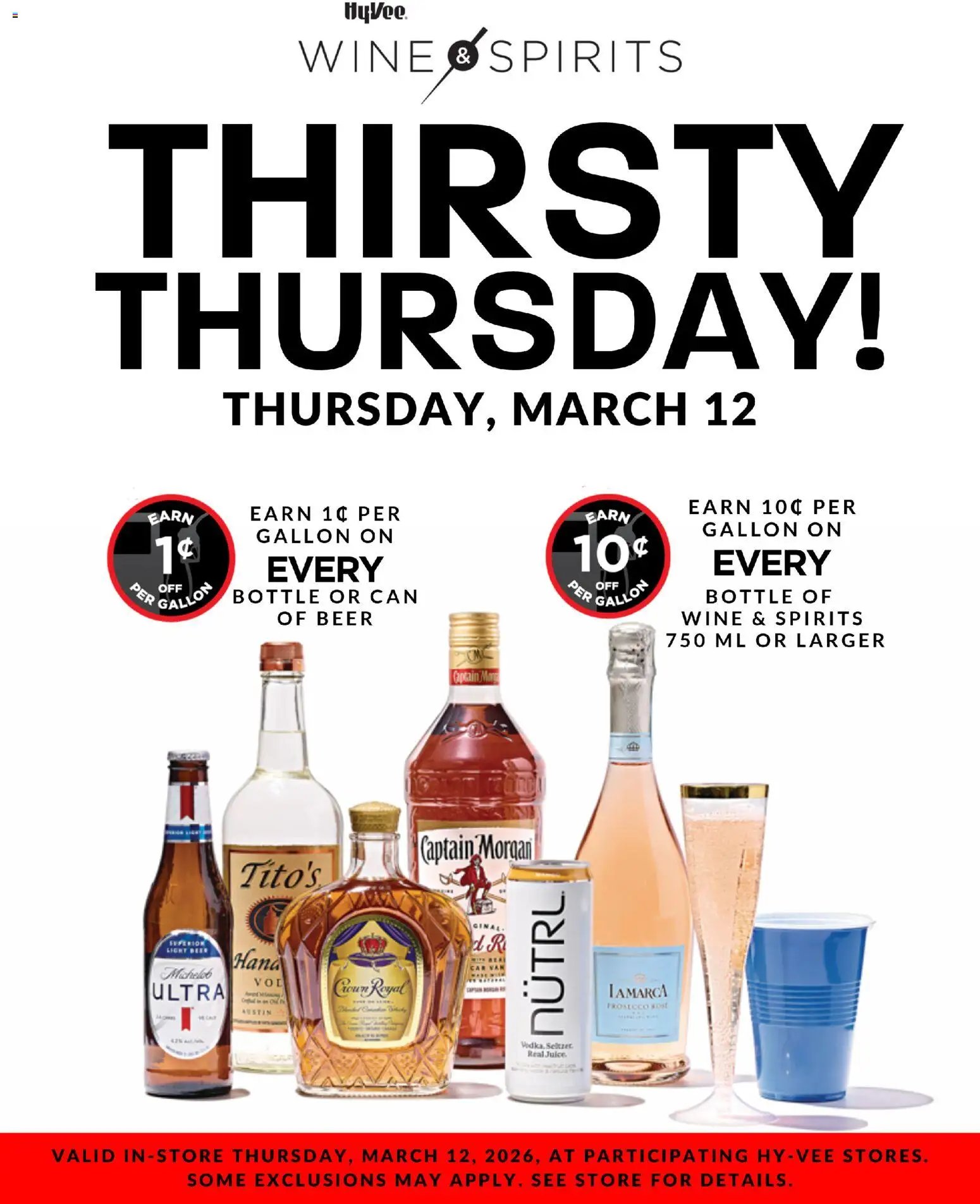 Ad Preview of HyVee HyVee Thirsty Thursday from 03/12/2026 - Beer, Wine, Juice, Prosecco, Captain Morgan