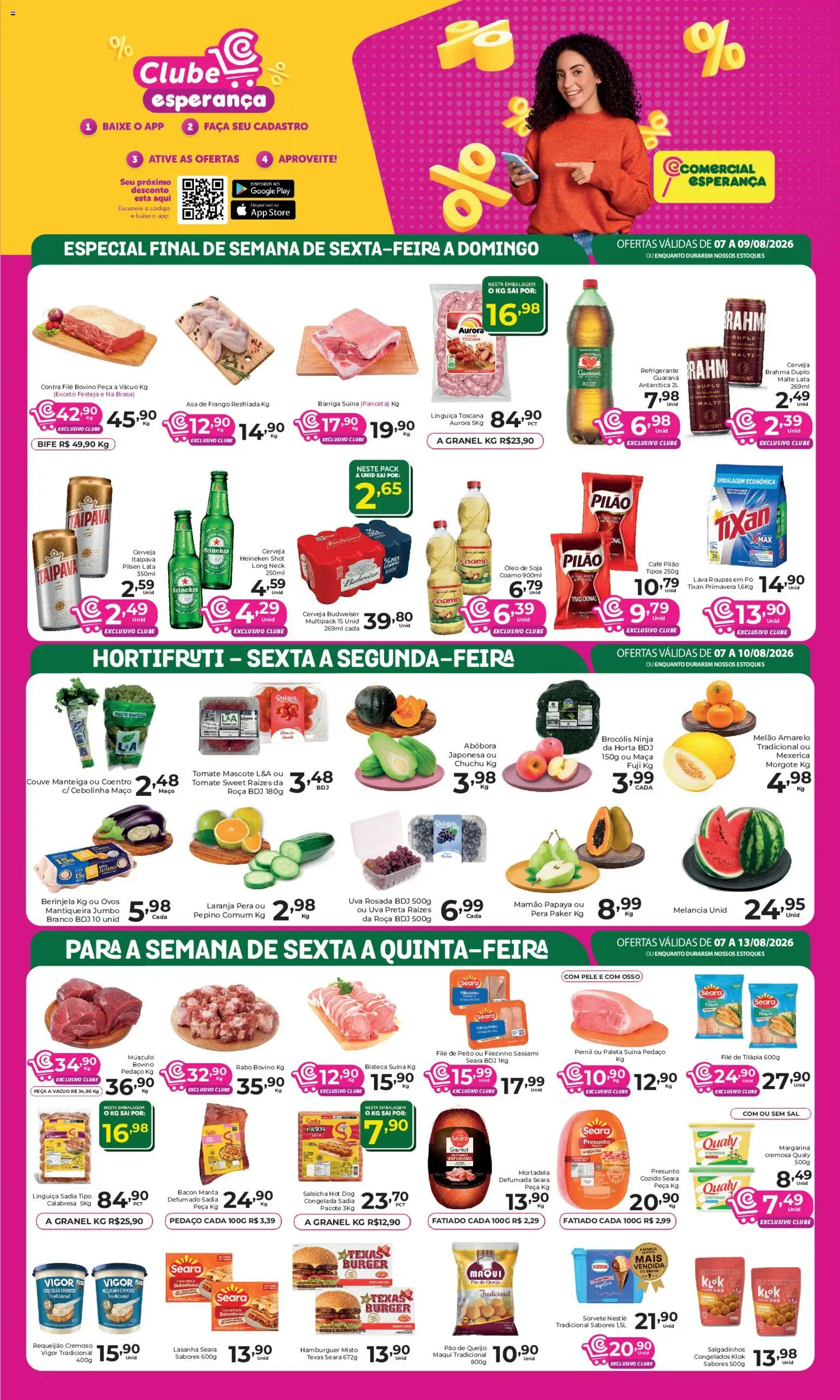 Pré-Visualização do folheto "Comercial Esperança - Ofertas da semana" da loja Comercial Esperança válido a partir de 07/08/2026 - Cerveja, Lasanha, Sal, Berinjela, Bacon, Asa de frango, Paleta suína, Faca