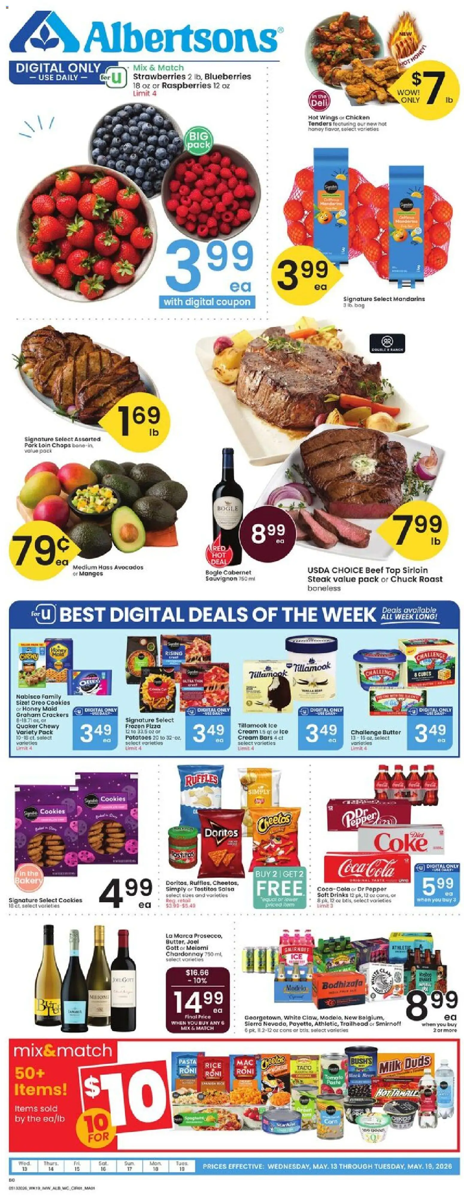 Ad Preview of Albertsons Albertsons Weekly Ad from 05/13/2026 - Pizza, Cookies, Pasta, Butter, Rice, Mandarins, Cream, Wc