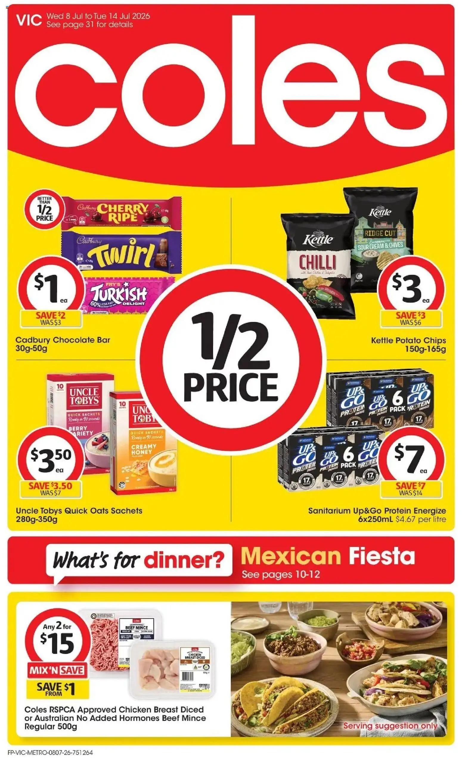 Preview of catalogue Coles Catalogue - 8th July from shop Coles valid 07/07/2026 - Chocolate, Chicken, Chicken breast, Oats, Sachets, Cream, Chilli, Kettle