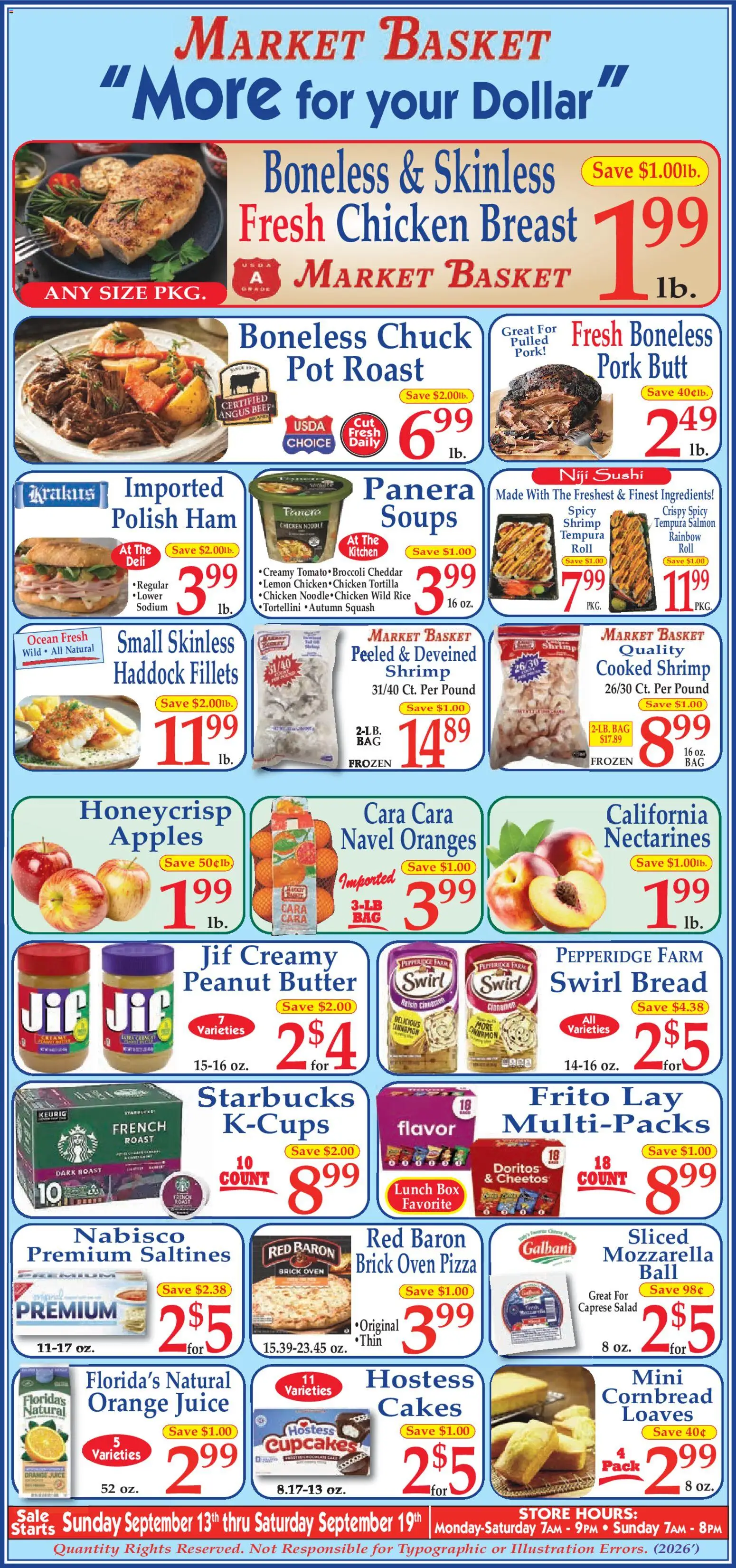 Ad Preview of Market Basket Market Basket Ad from 09/13/2026 - Apples, Box, Salad, Shrimp, Butter, Pork, Orange juice, Chicken