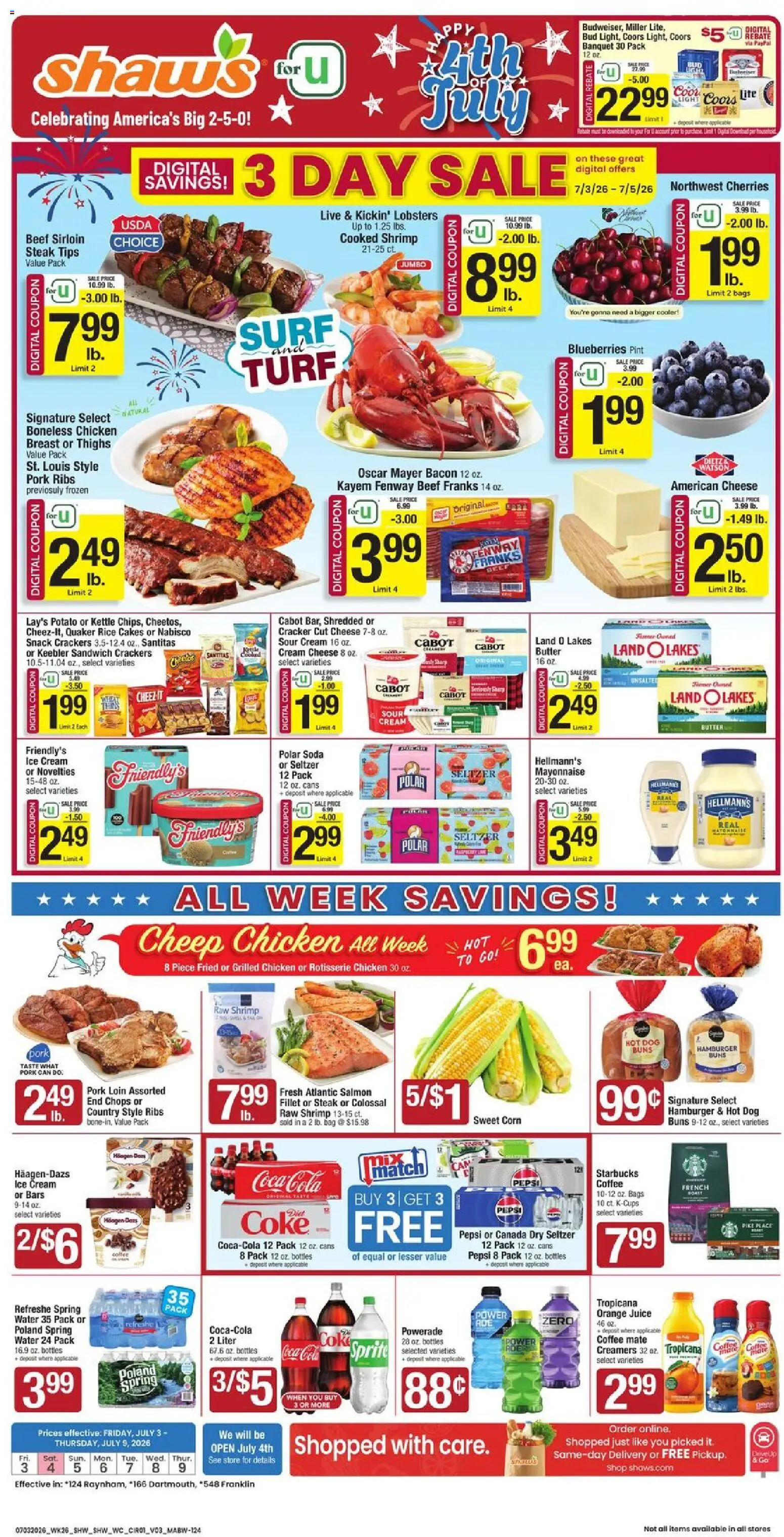 Ad Preview of Shaw's Shaw's Weekly Ad - MA from 07/03/2026 - Ice cream, Hamburger, Salmon, Beef, Crackers, Cream, Cable, Chicken