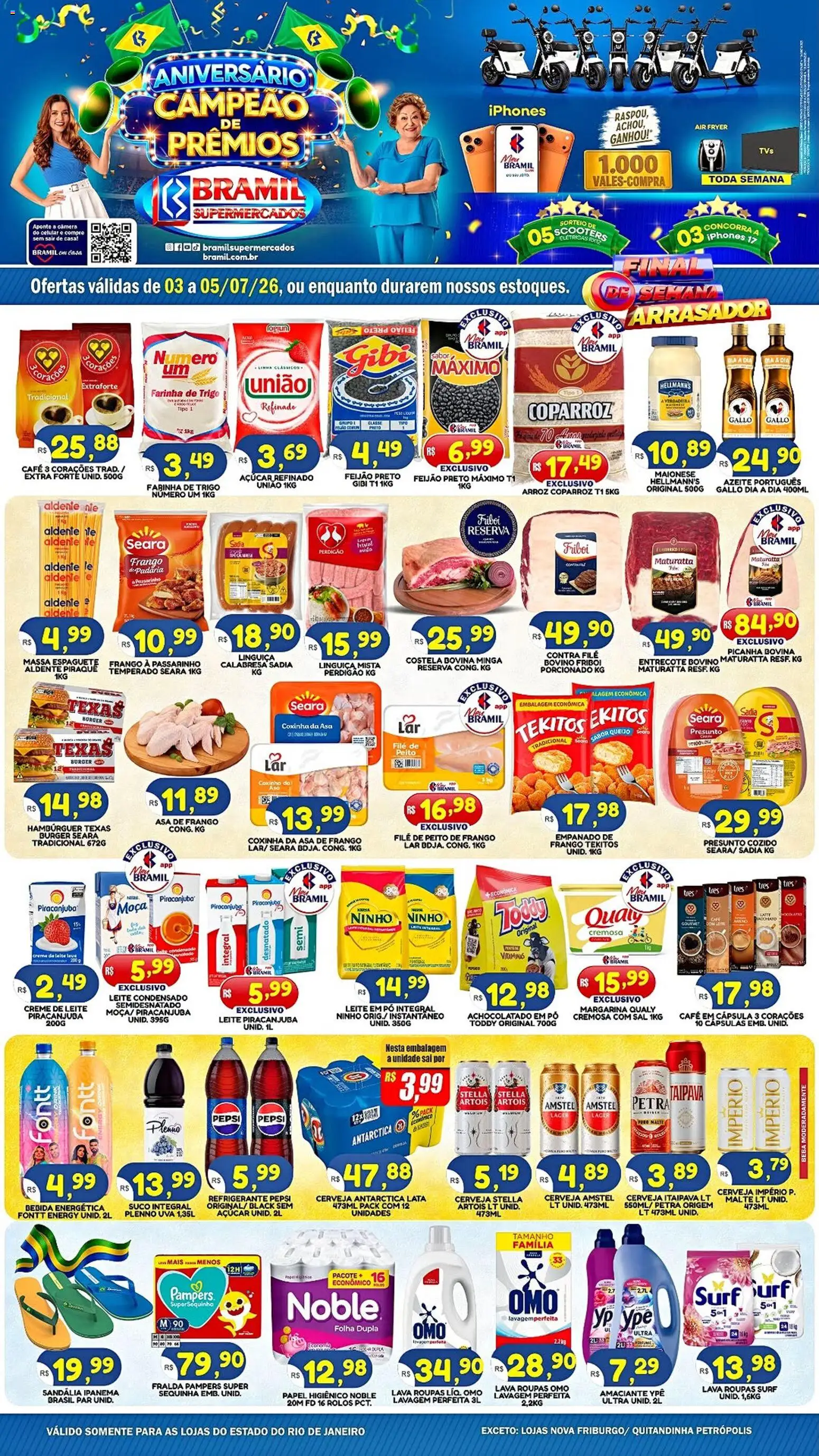 Pré-Visualização do folheto "Bramil Supermercados - Ofertas da semana" da loja Bramil Supermercados válido a partir de 03/07/2026 - Air fryer, Fralda pampers, Bebida, Queijo, Peito de frango, Farinha de trigo, Linguiça, Costela bovina