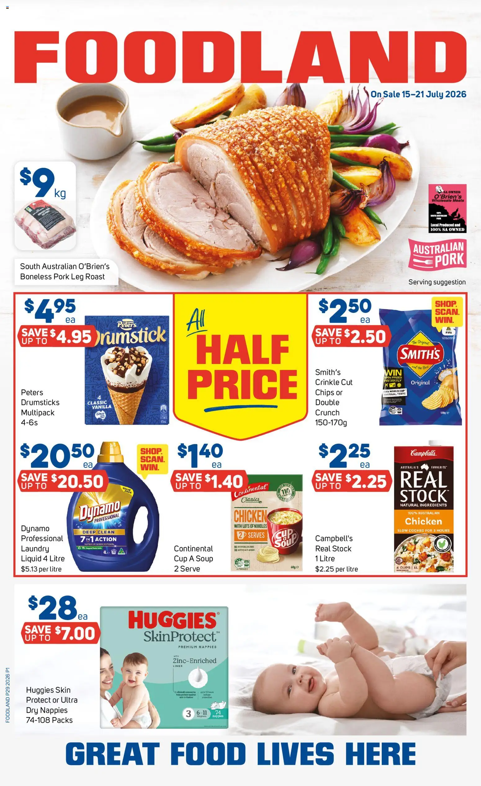 Preview of catalogue Foodland catalogue from shop Foodland valid 15/07/2026 - Food, Ingredients, Pork, Noodles, Nappies, Laundry, Roast, Pork leg