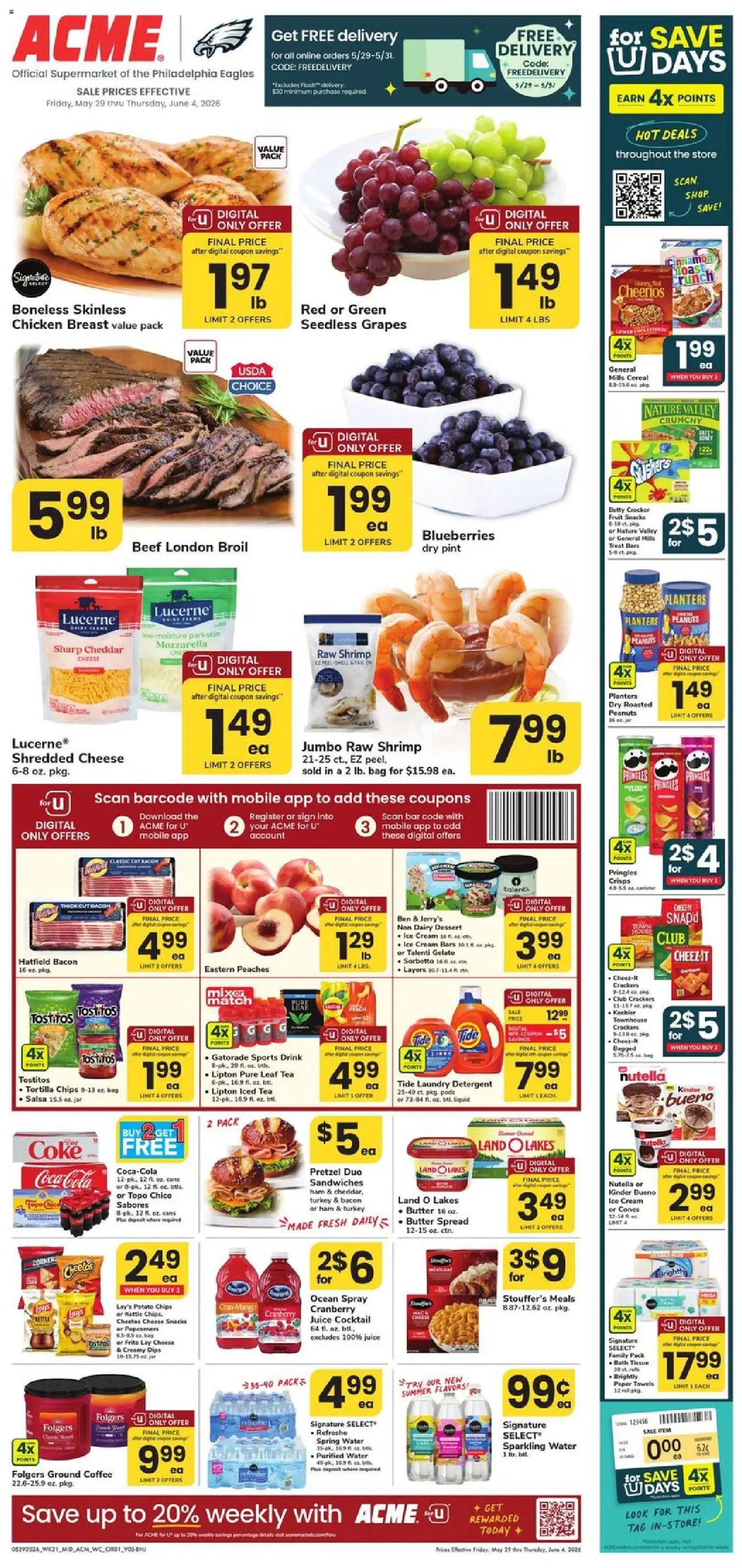 Ad Preview of Acme Acme Weekly Ad - NJ from 05/29/2026 - Dessert, Ice, Chips, Fruit, Cereal, Potato chips, Paper towels, Spread